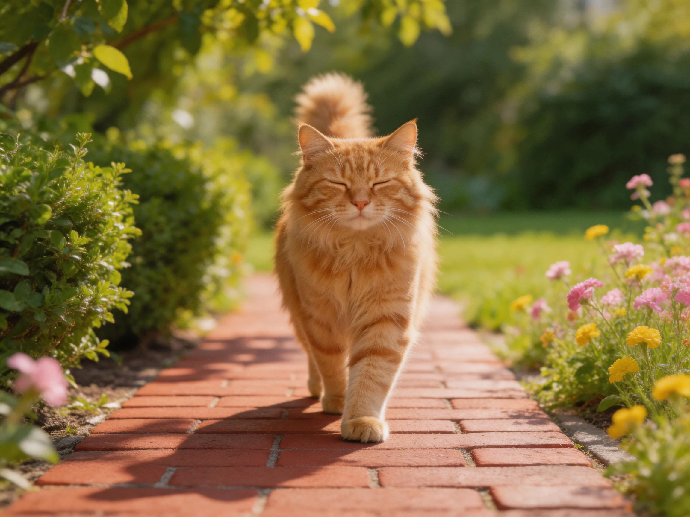 An orange tabby cat walking on a red-brick pathway surrounded by flowers