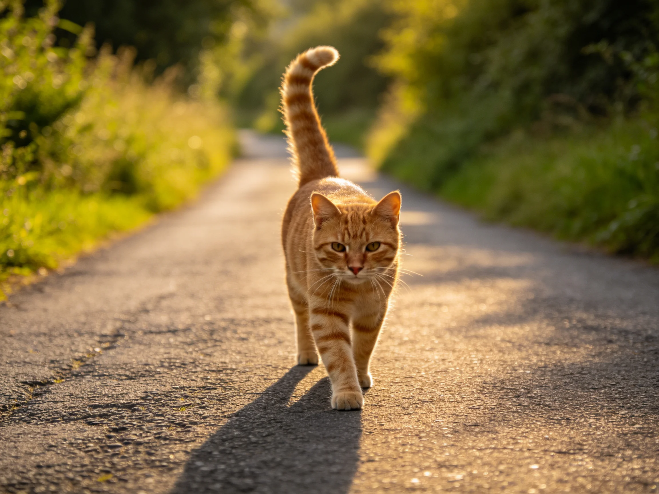 An orange tabby cat walking on a sunlit country road