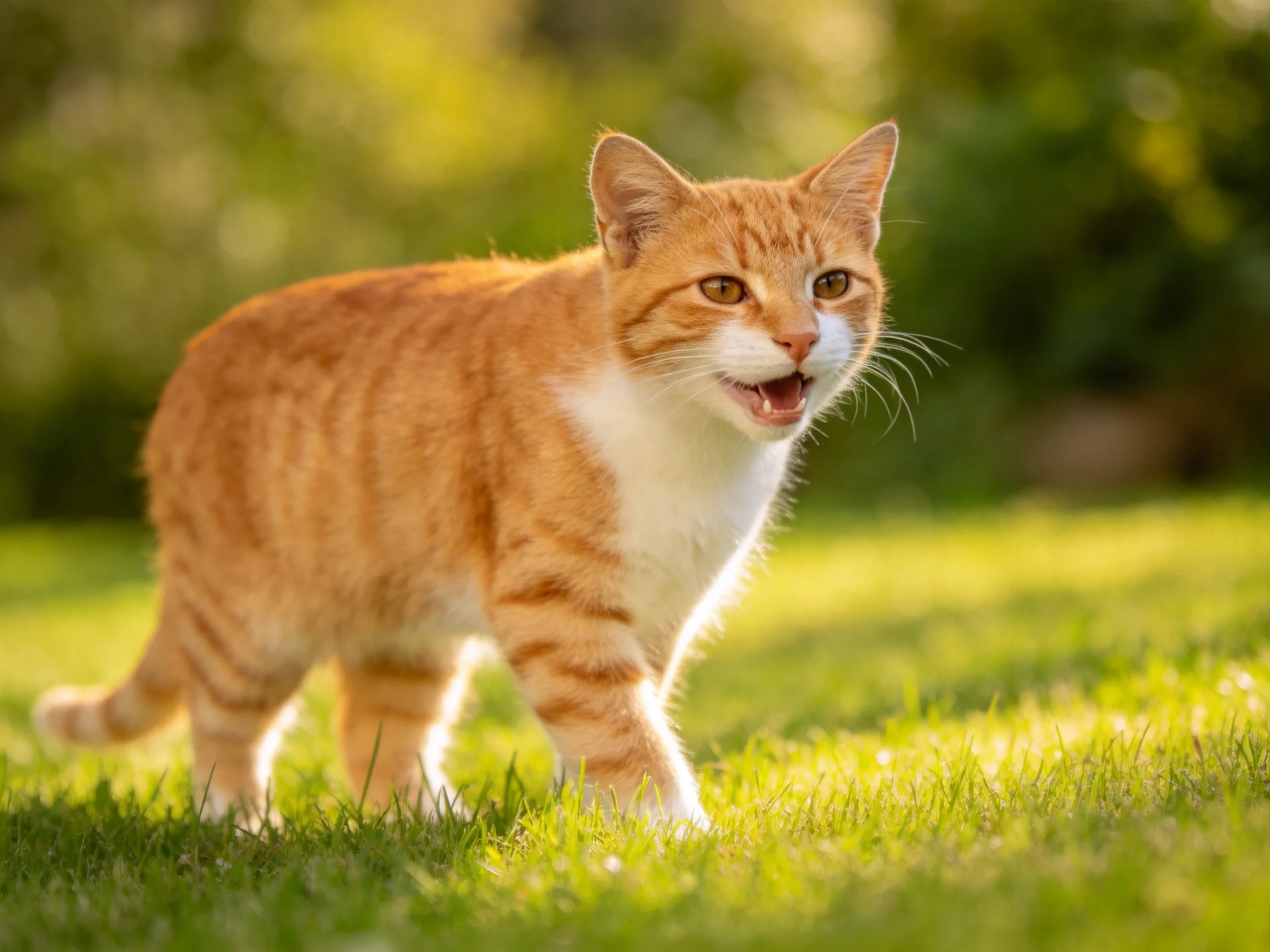 An orange tabby cat walking on lush green grass in bright sunlight