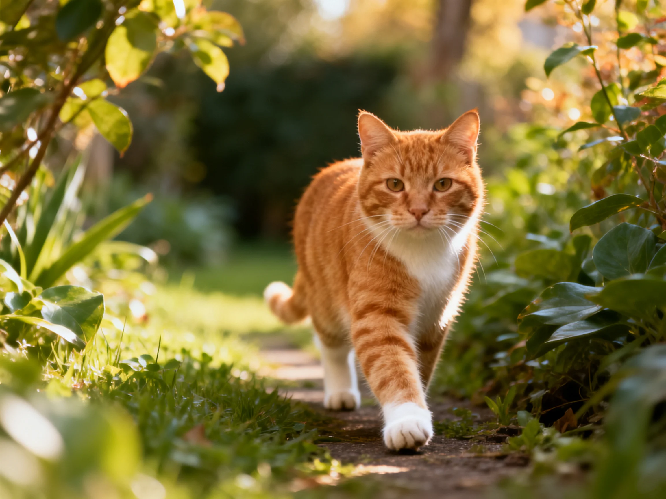 An orange tabby cat moves through a sunlit garden path bordered by dense foliage.