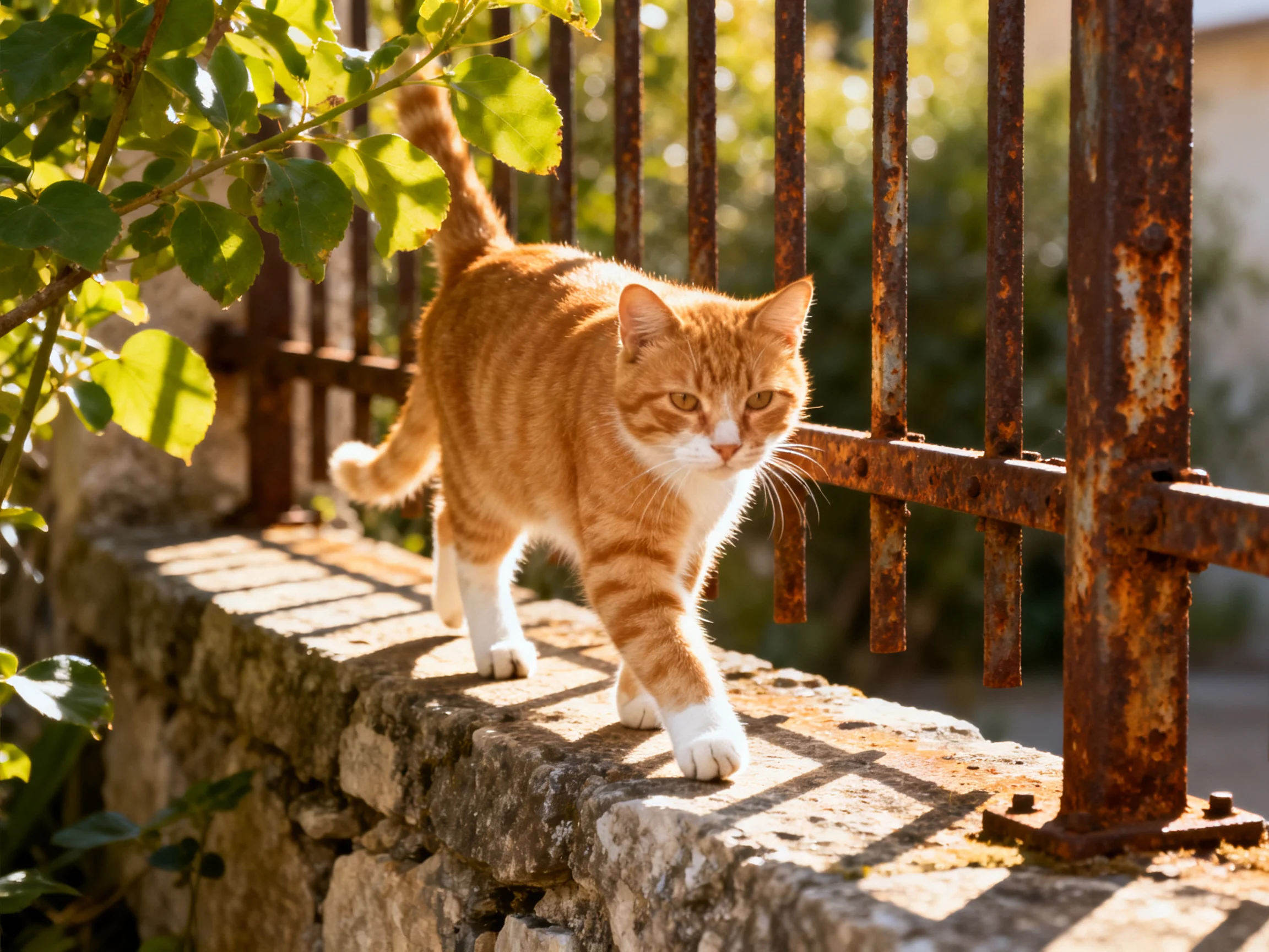 An orange tabby cat moves along a stone wall near a rusted fence.