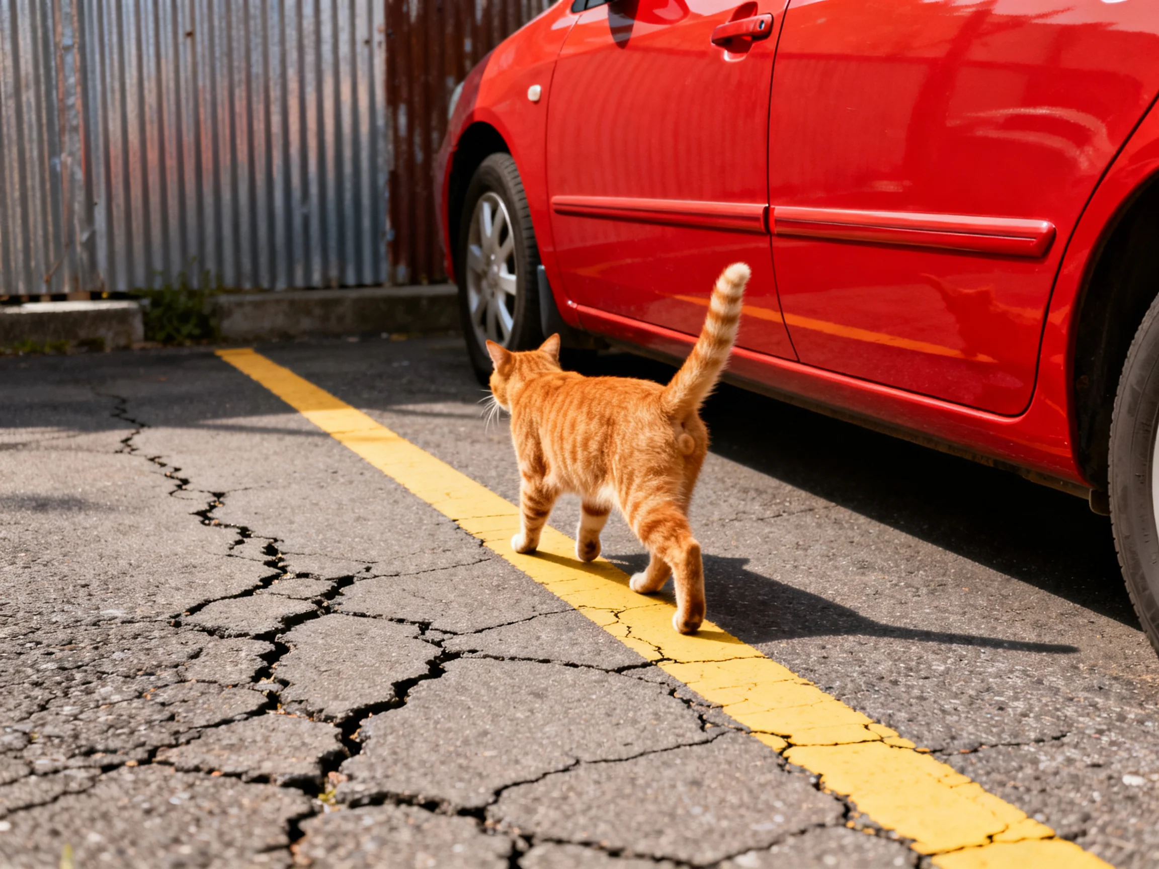 An orange tabby cat walks beside a red car on cracked pavement.