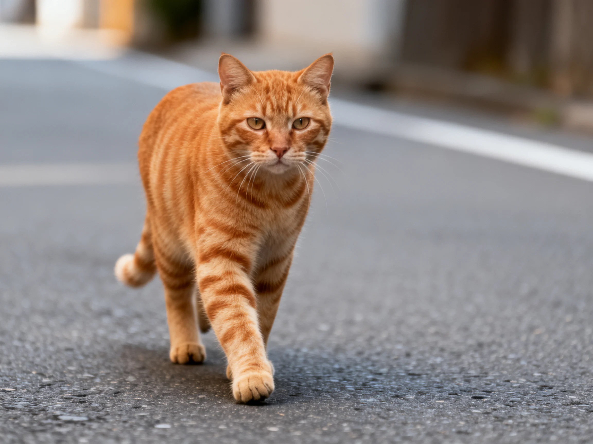 An orange tabby cat walks confidently down a smooth asphalt street