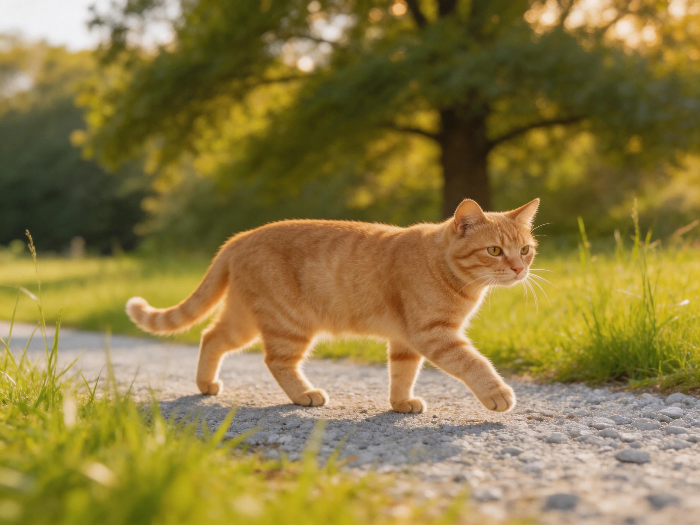 An orange tabby cat walks on a gravel path near large trees and grass.