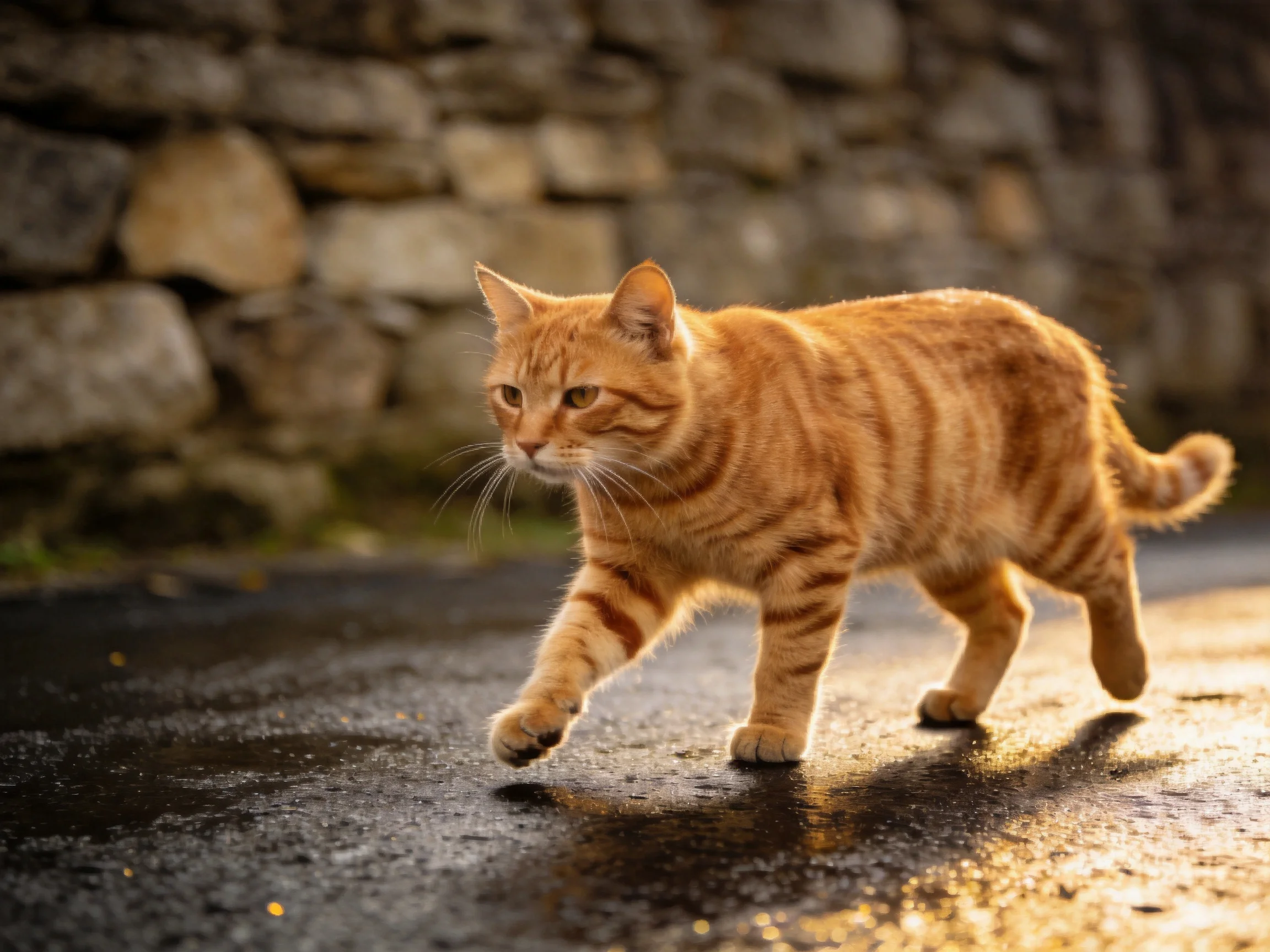 An orange tabby cat crosses a wet road near a stone wall.
