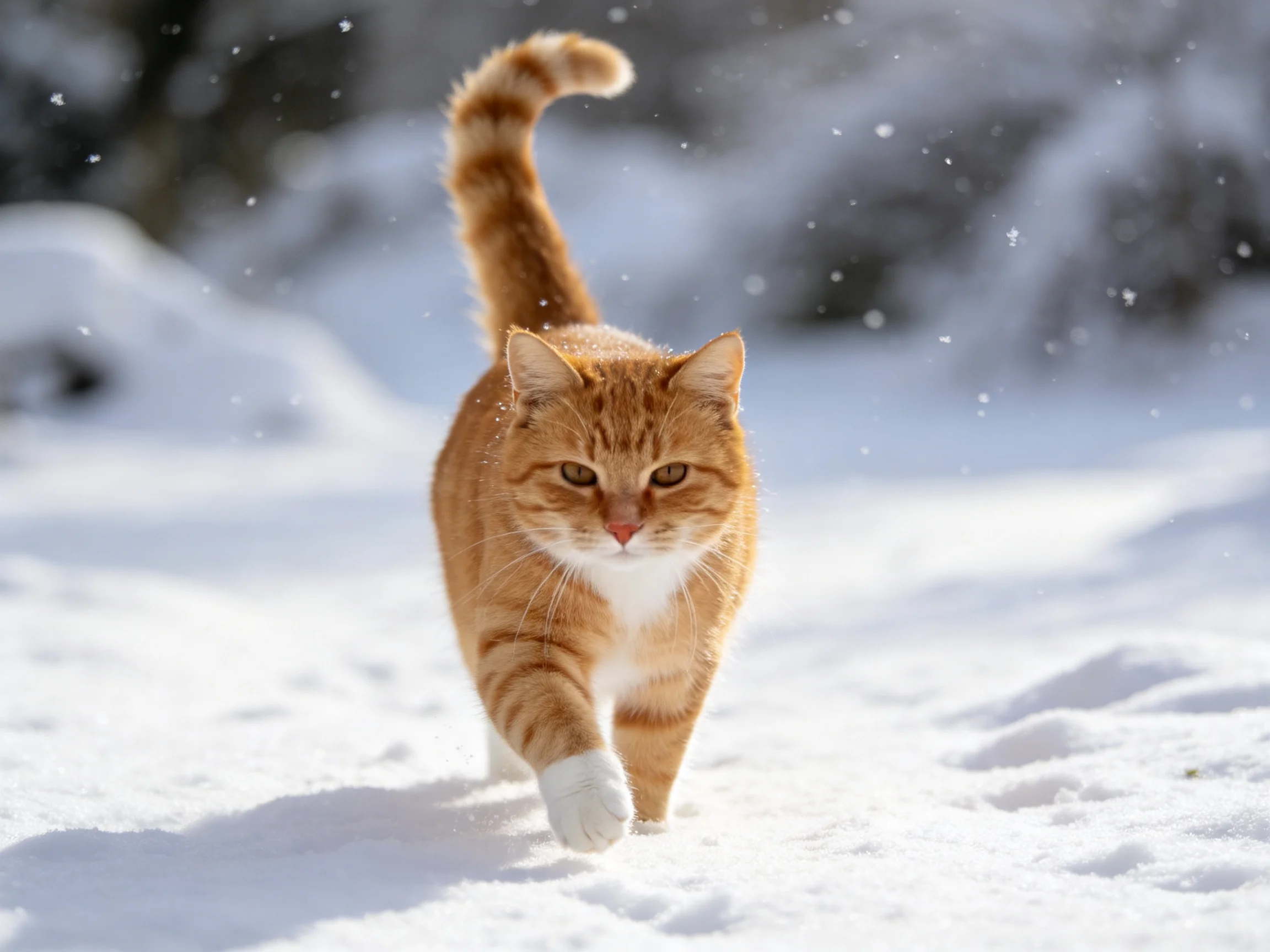 An orange tabby cat walks on snow - covered ground amid falling snowflakes.