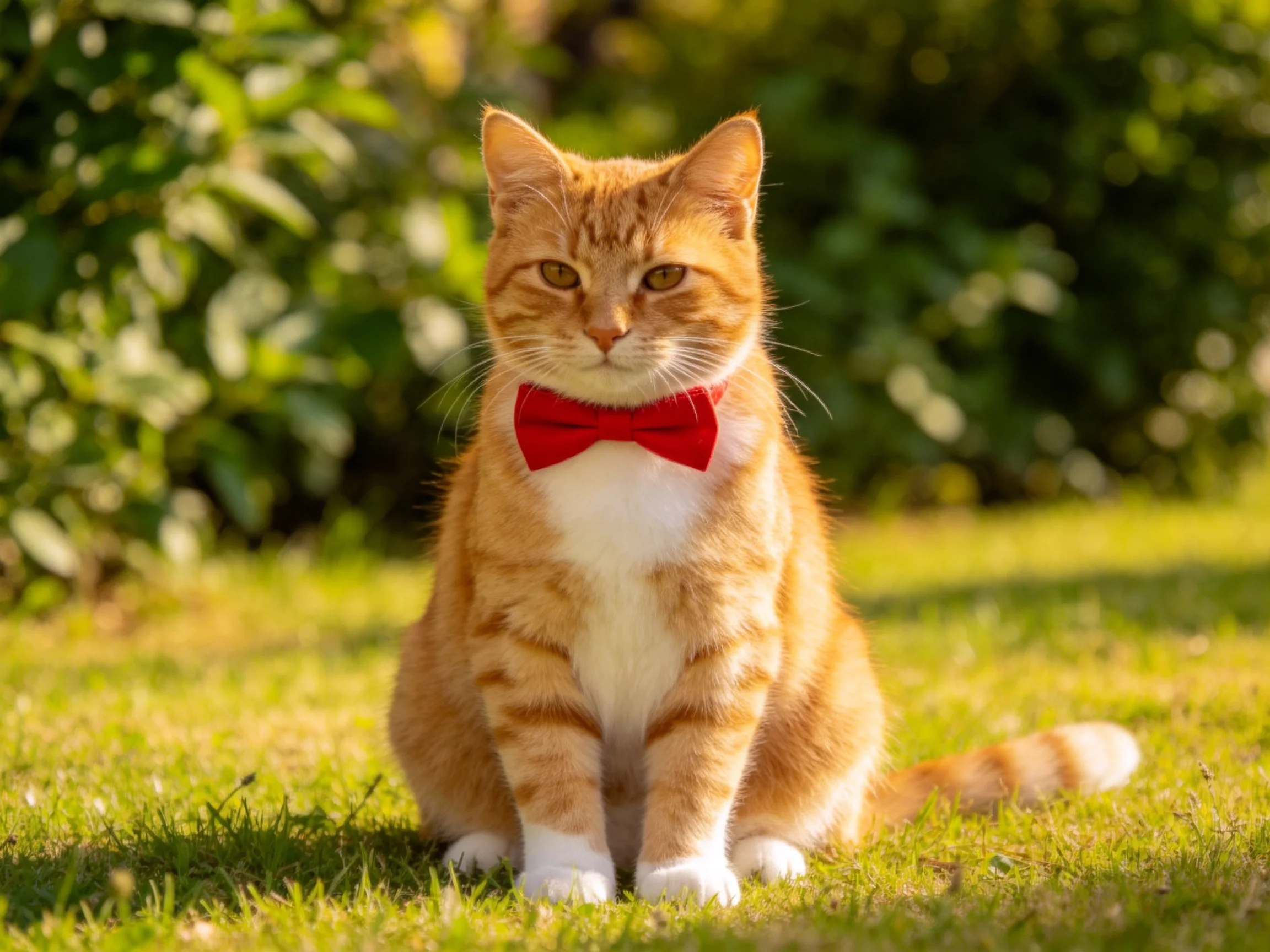 An orange tabby cat wearing a bright red bowtie sits on green grass