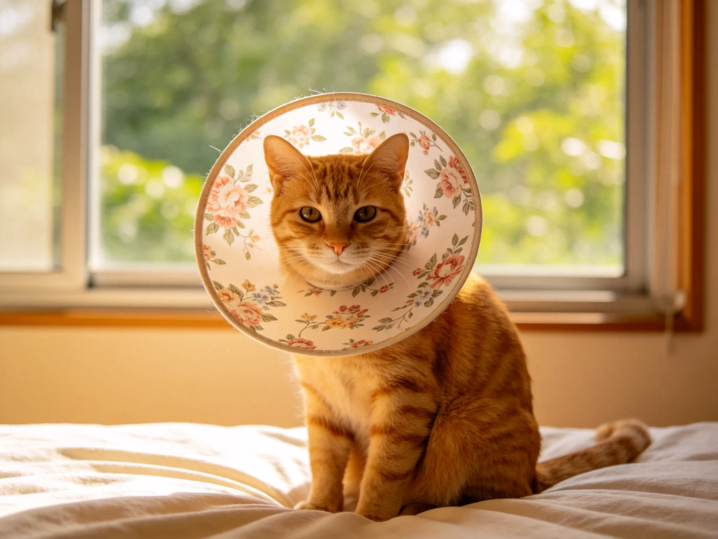 An orange tabby cat wearing a floral Elizabethan collar sits on a bed near a window