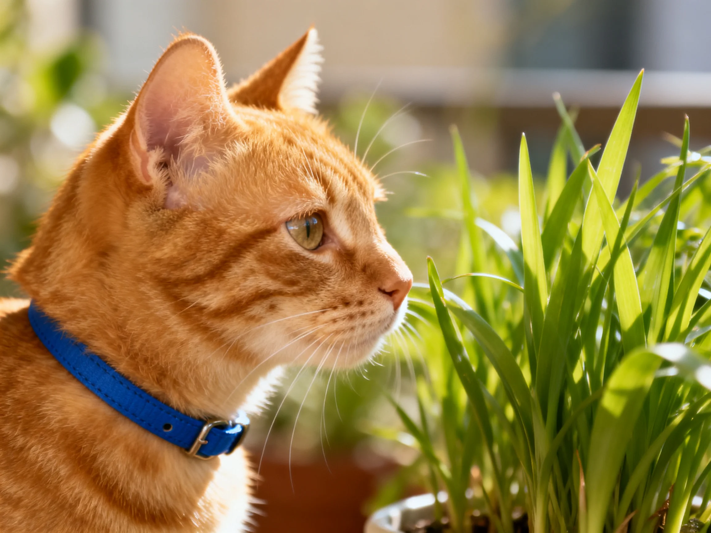 An orange tabby cat with a blue collar observes green plants.