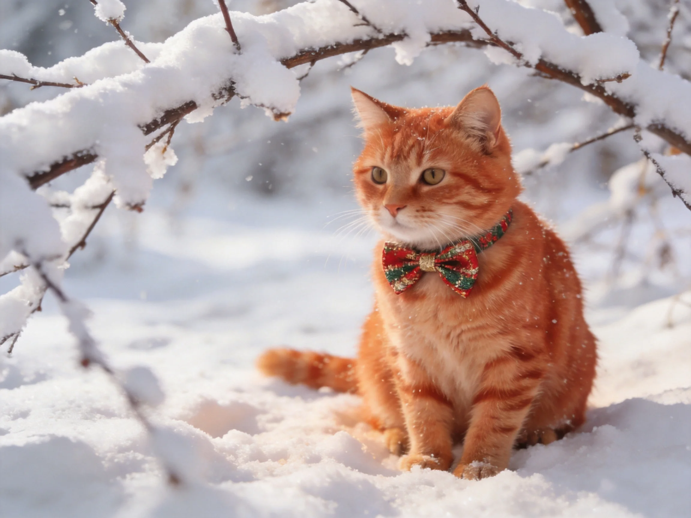 An orange tabby cat with a bowtie sits in the snowy landscape near snow-covered branches