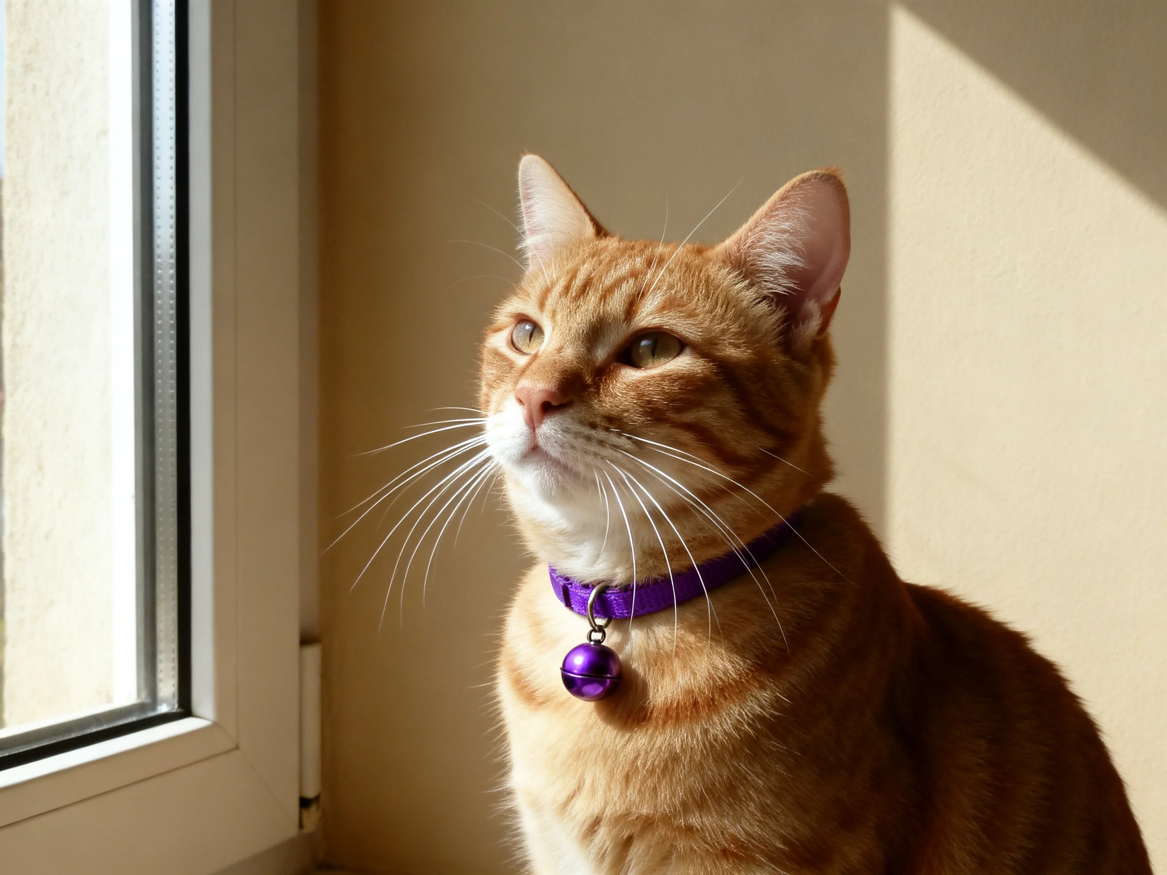 An orange tabby cat with a purple collar sits near a sunlit window.