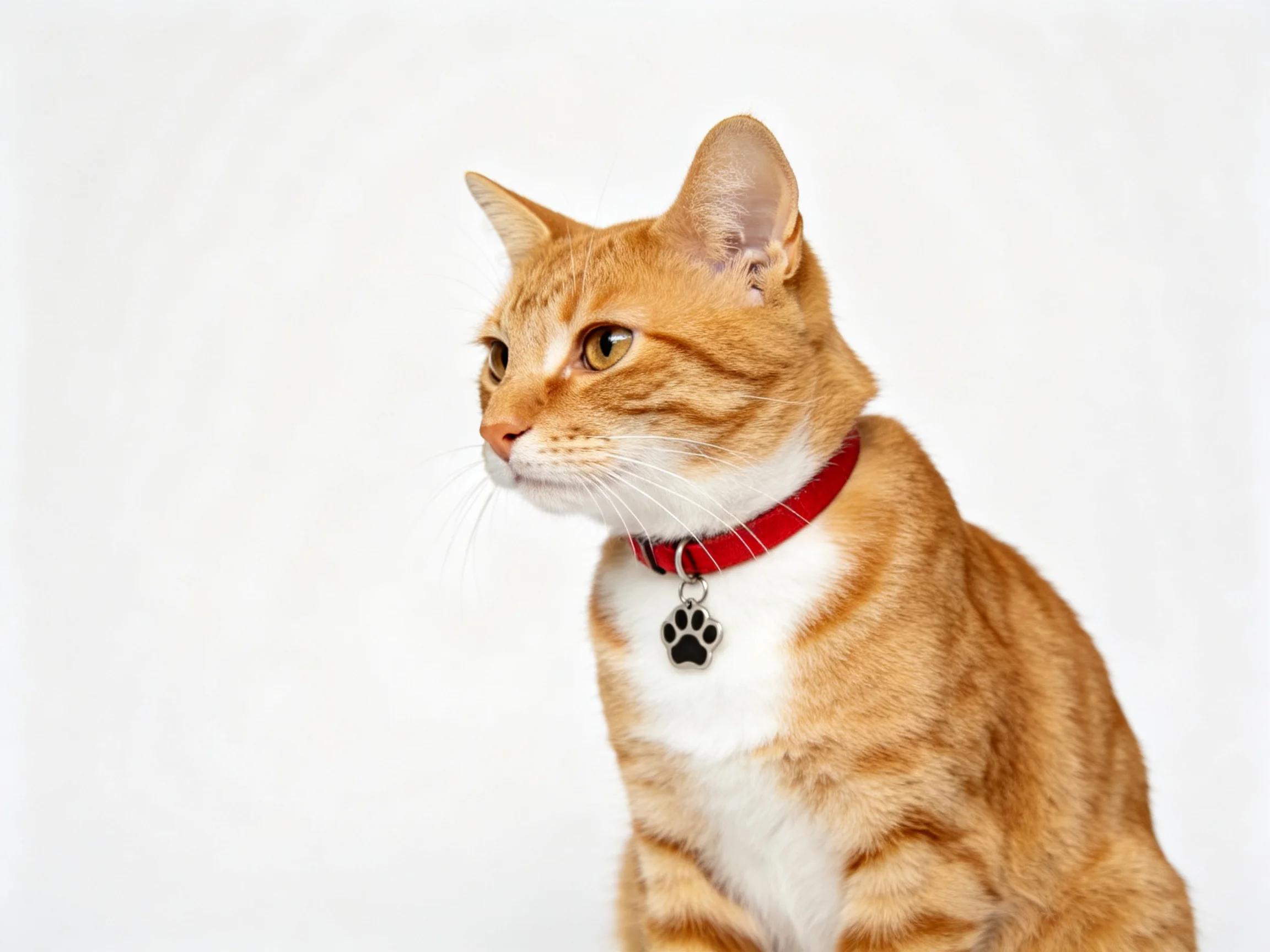 An orange tabby cat with a red collar on a plain white background