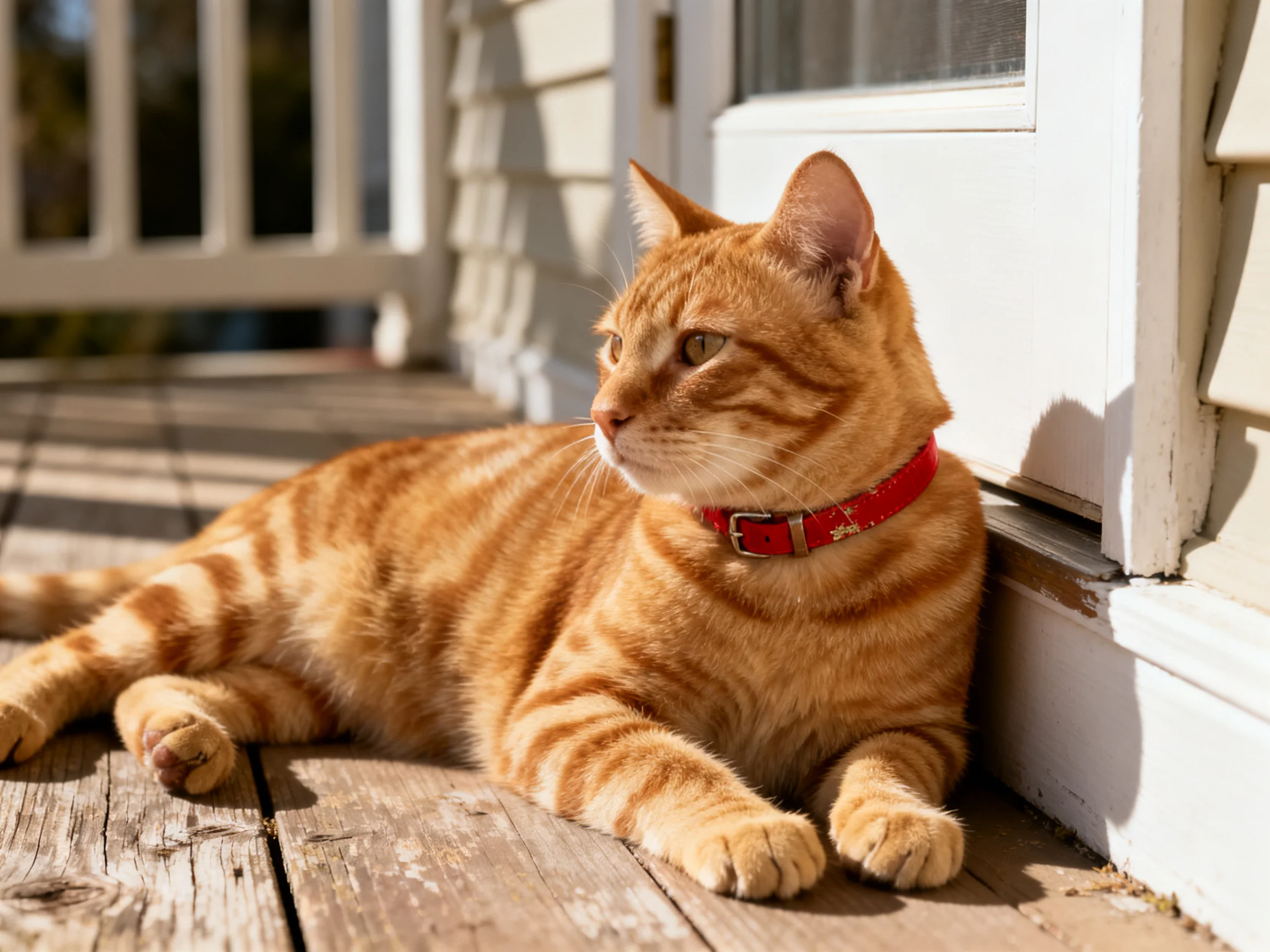 An orange tabby cat with a red collar rests by a white door on a wooden deck