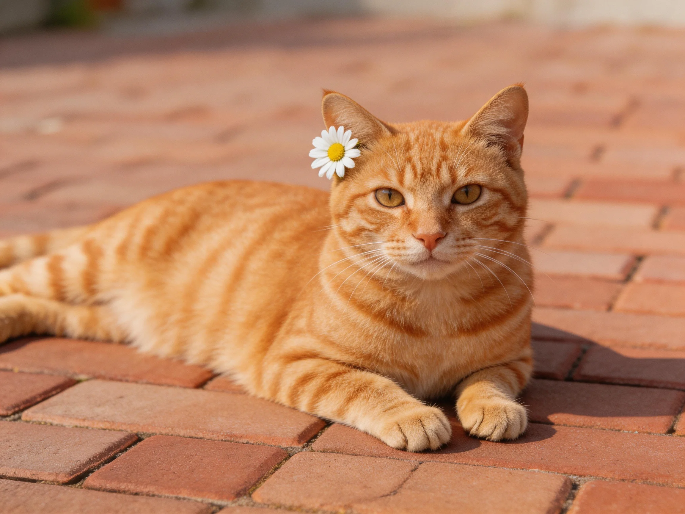 An orange tabby cat with a white daisy relaxes on brick pavement.