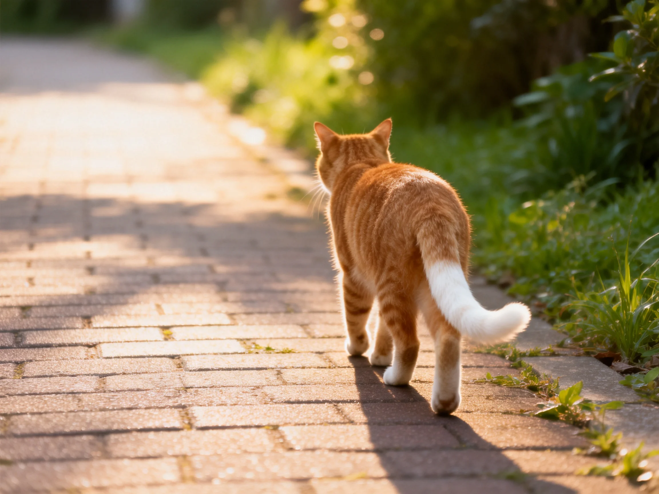 An orange tabby cat walks down a sunlit brick path near greenery.