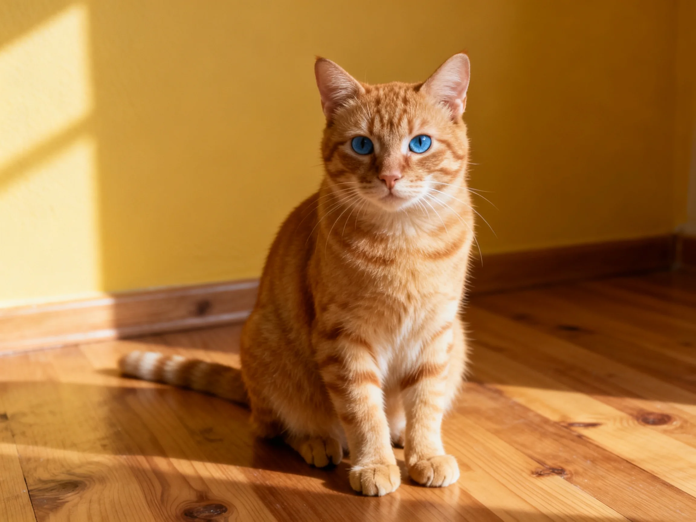 An orange tabby cat with blue eyes sits on a wooden floor in a sunlit corner.