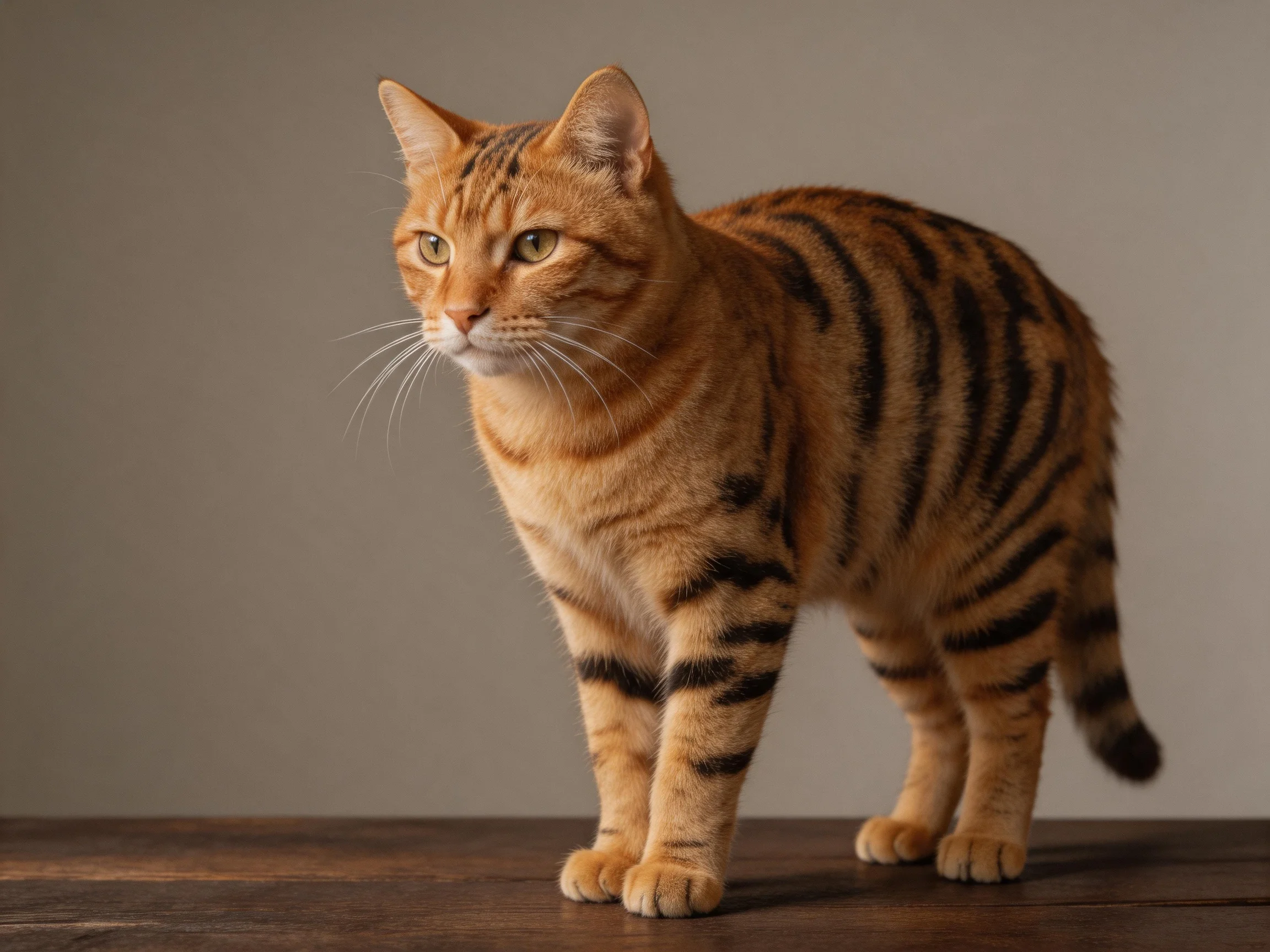 An orange tabby cat with bold black stripes stands on a wooden surface