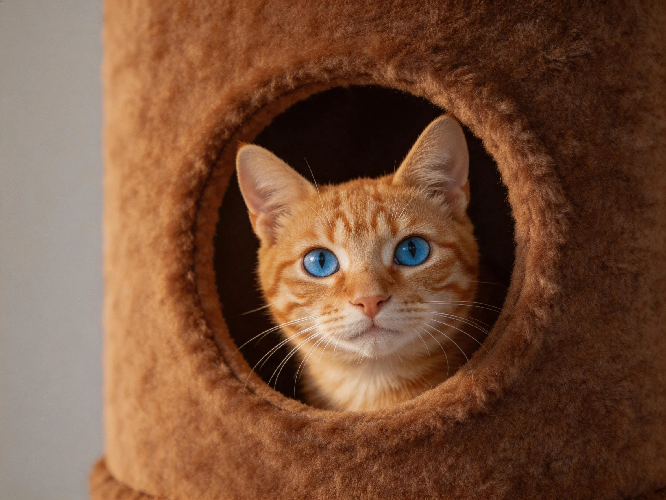 An orange tabby cat with bright blue eyes peeks from a brown plush enclosure.