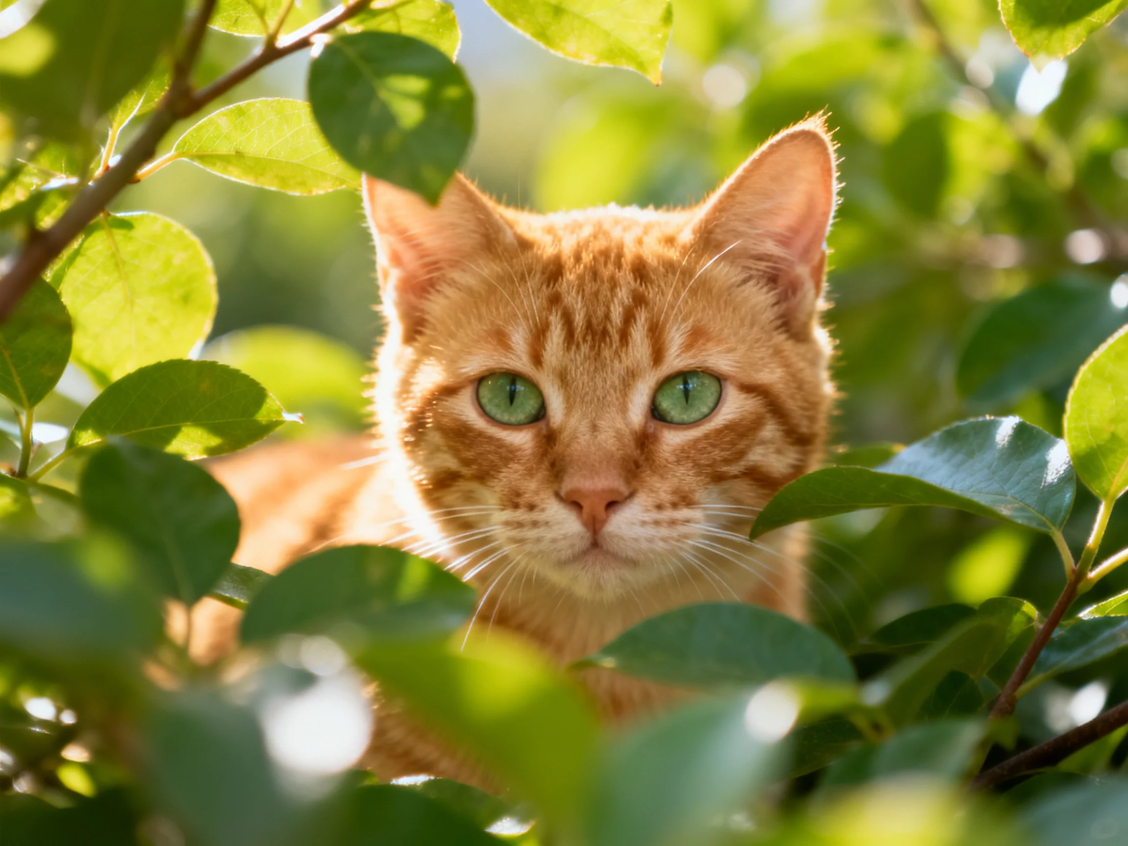 An orange tabby cat with green eyes is hidden by green leaves under sunlight.
