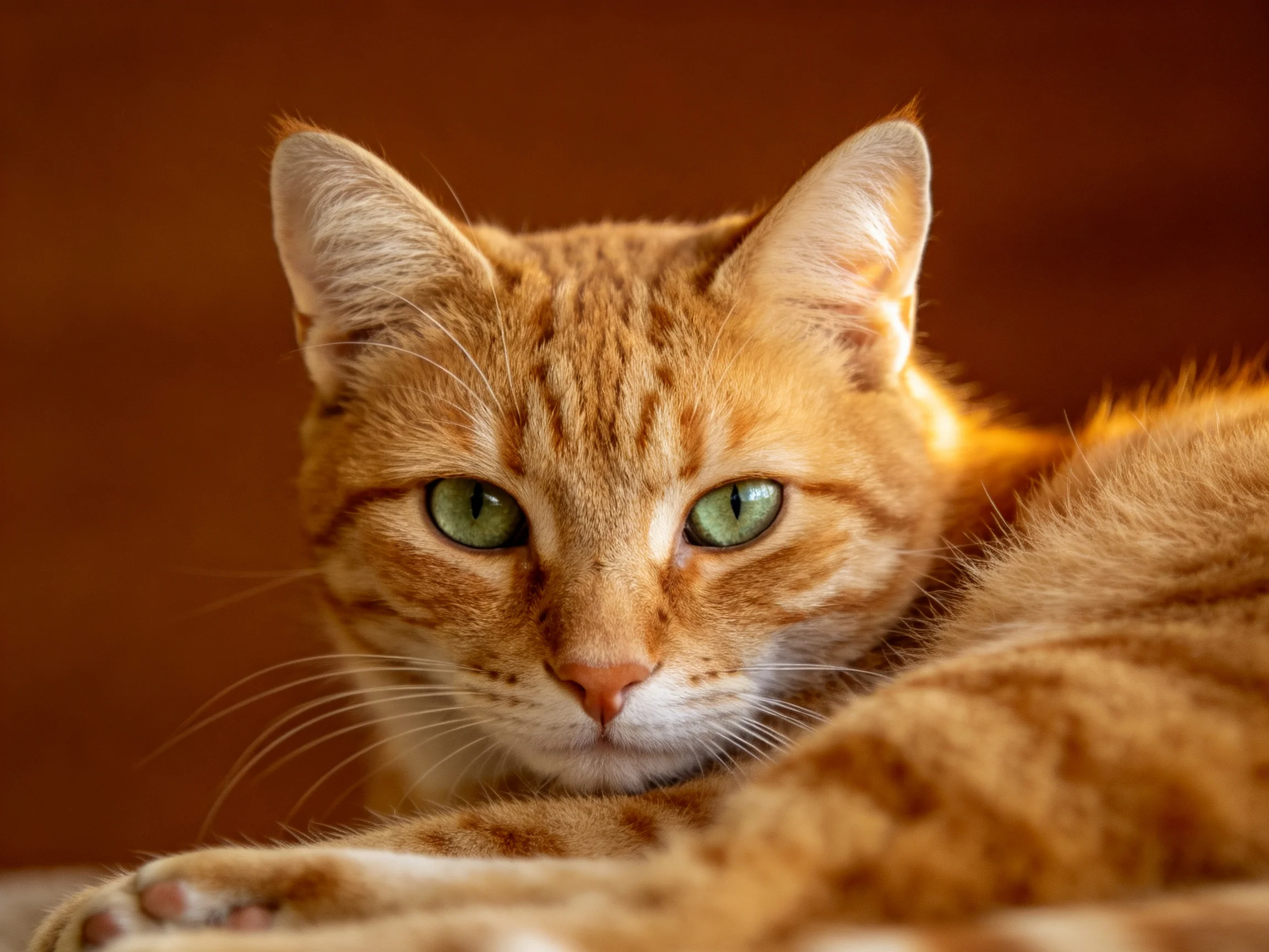 An orange tabby cat with green eyes rests near a brown backdrop.
