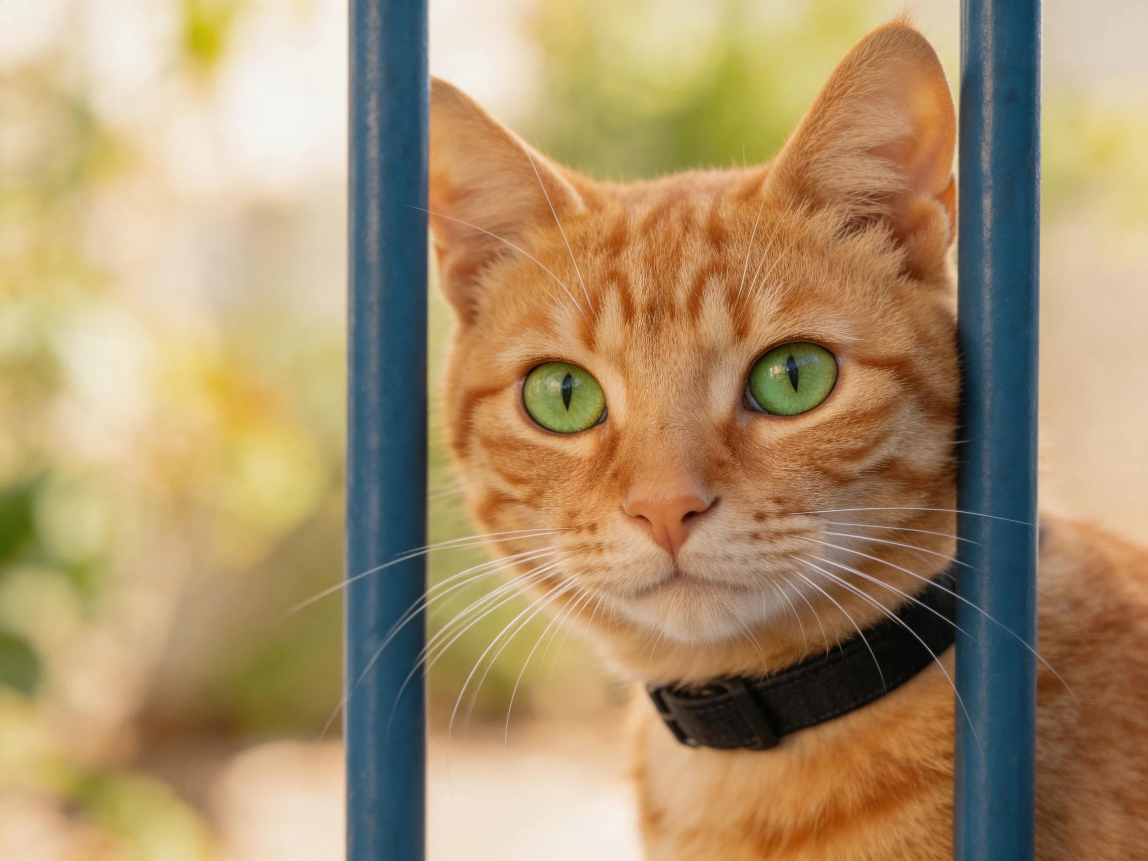 An orange tabby cat with green eyes peers through blue metal bars outdoors