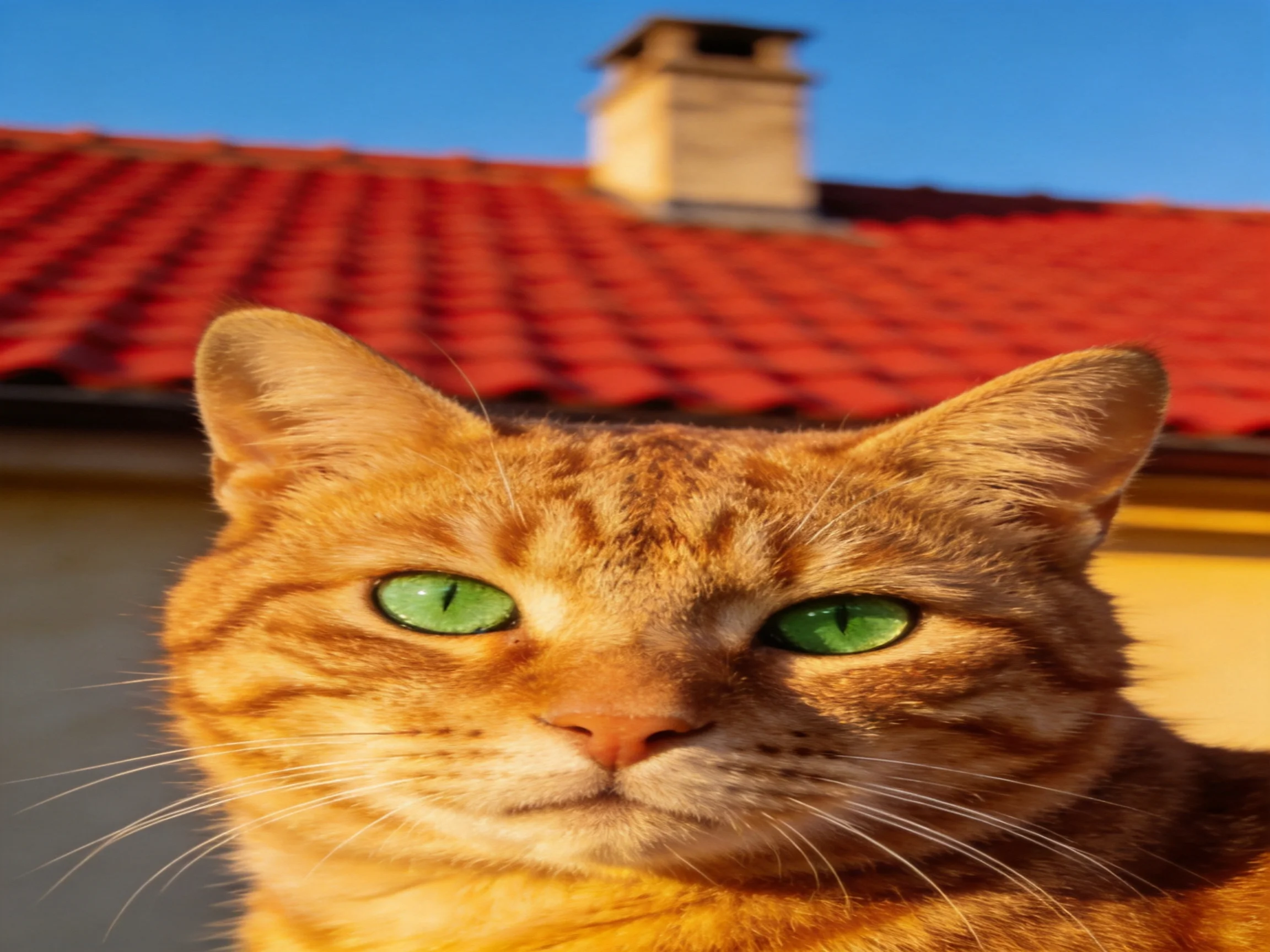 An orange tabby cat with green eyes stands near a red-tiled roof.
