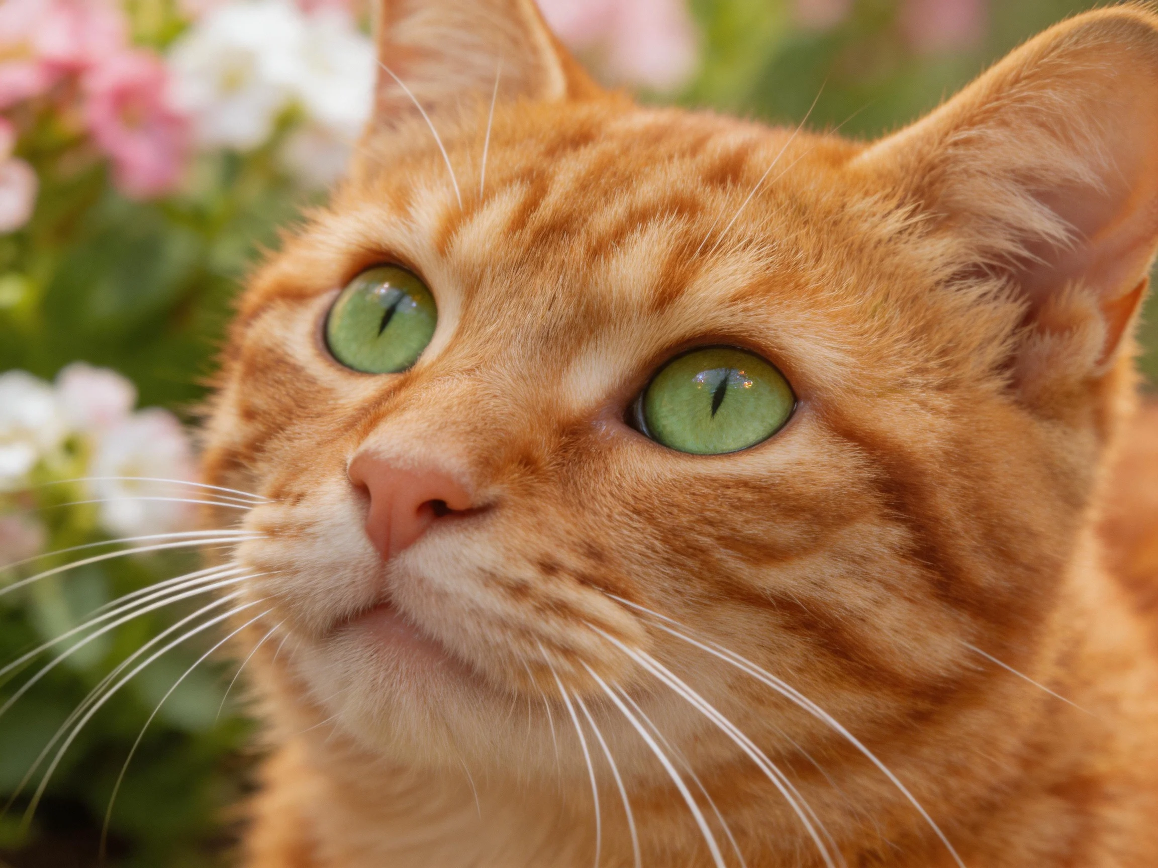 An orange tabby cat with green eyes is near blooming flowers.