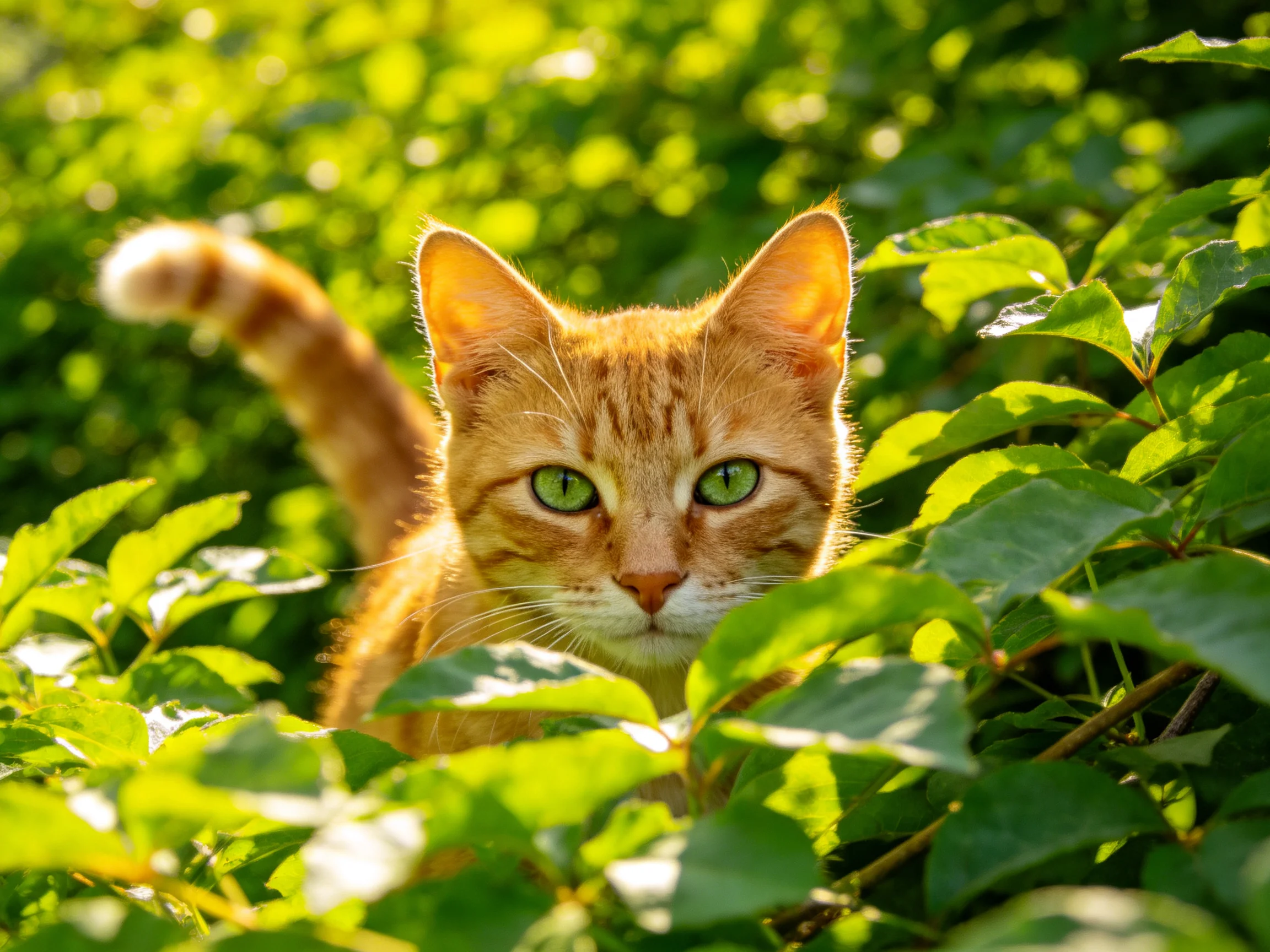 An orange tabby cat peeks from behind dense green leaves in a sunlit area.