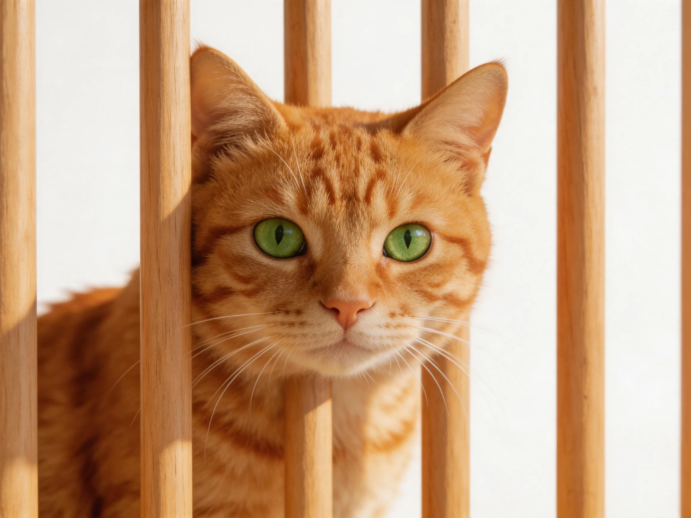 An orange tabby cat with green eyes peers through wooden slats