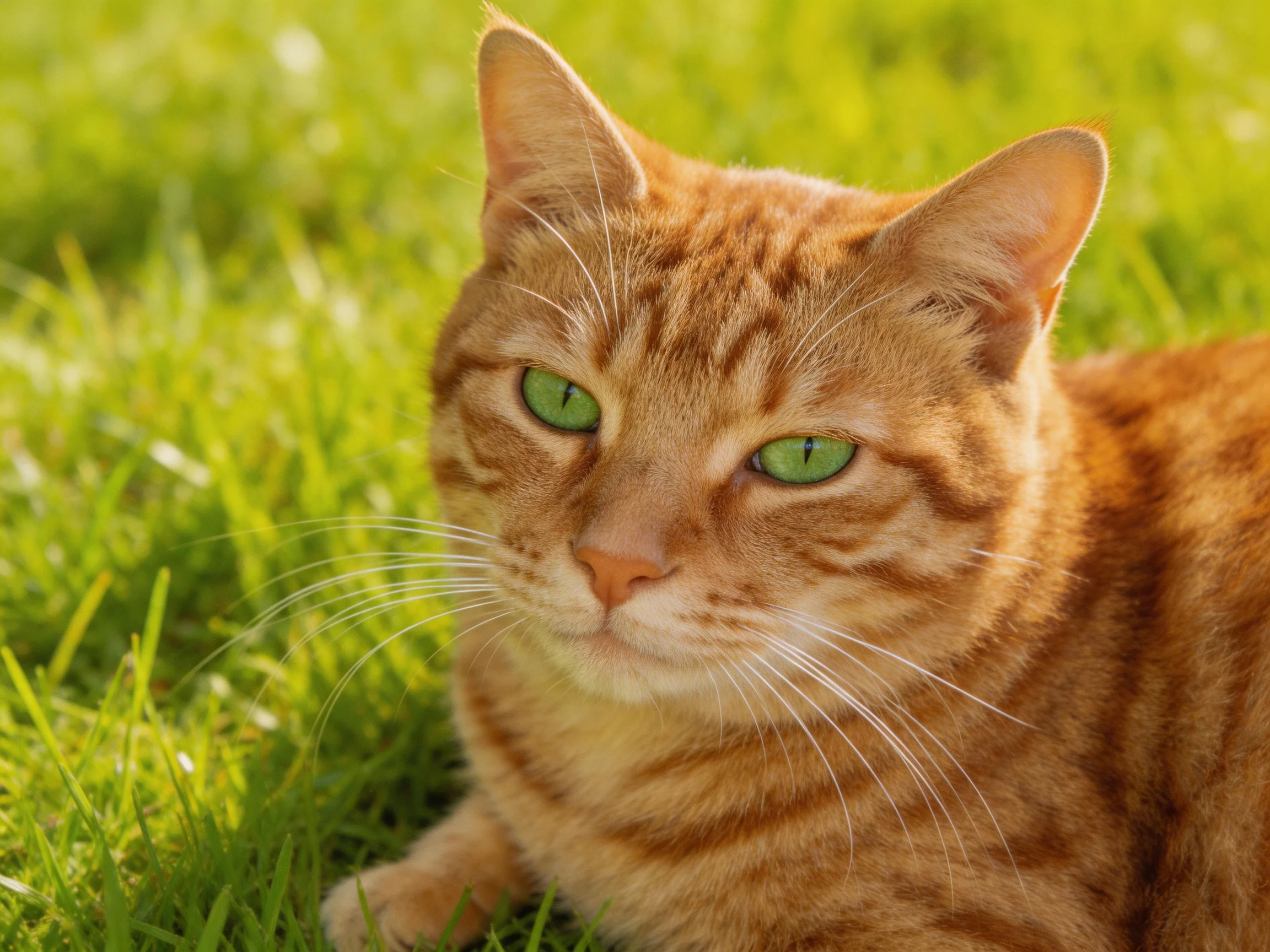 An orange tabby cat relaxes among vibrant green grass.