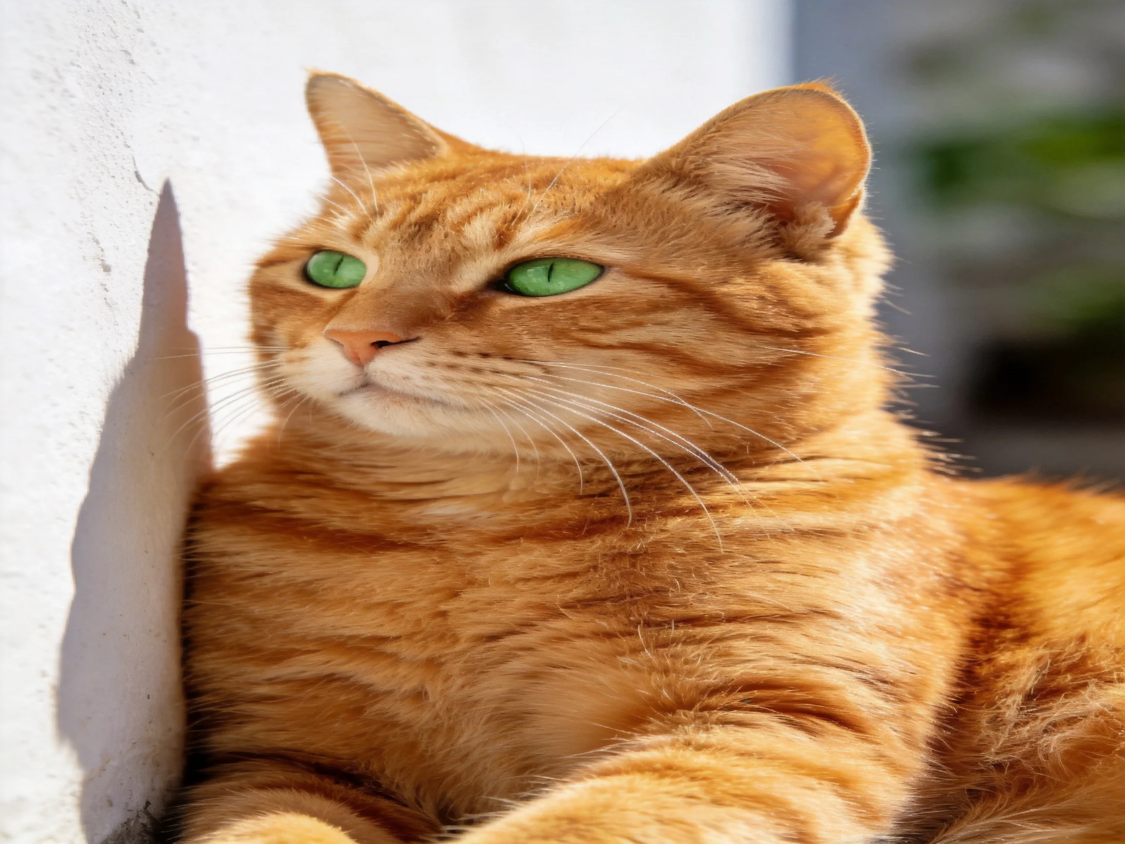 An orange tabby cat with green eyes relaxes near a white wall.