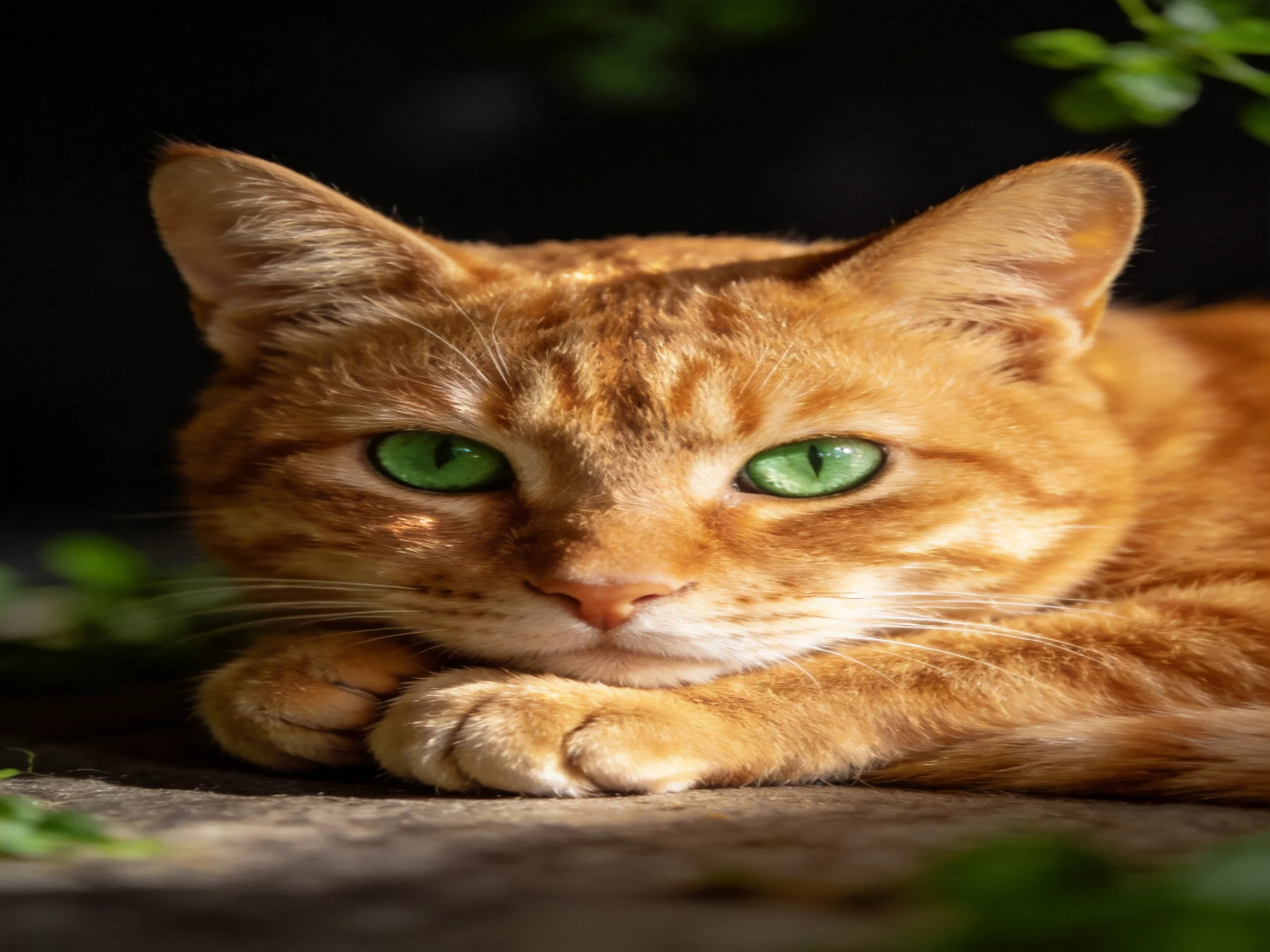 An orange tabby cat with green eyes relaxes in natural light.