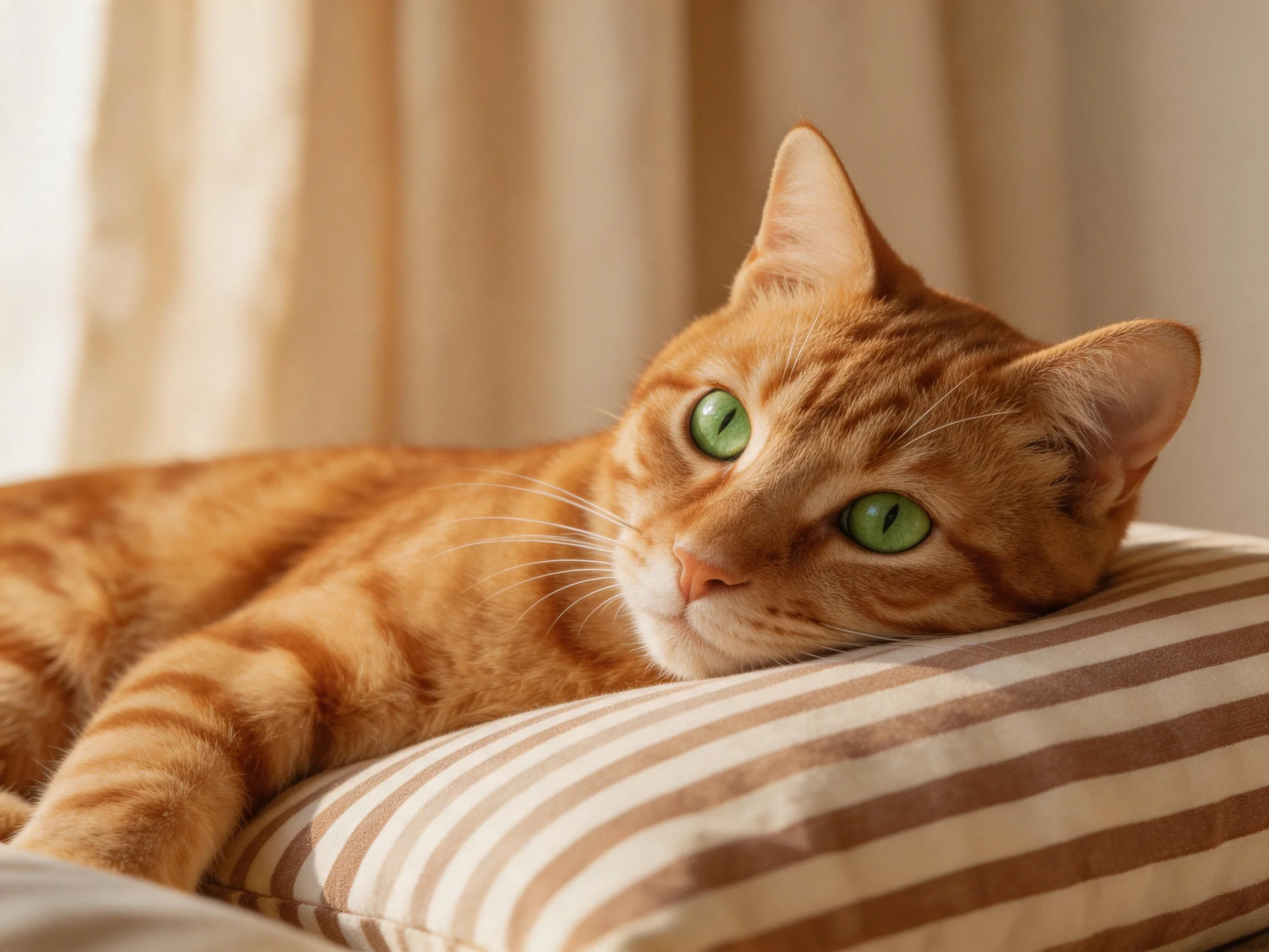 An orange tabby cat relaxes on a striped cushion in a softly lit room