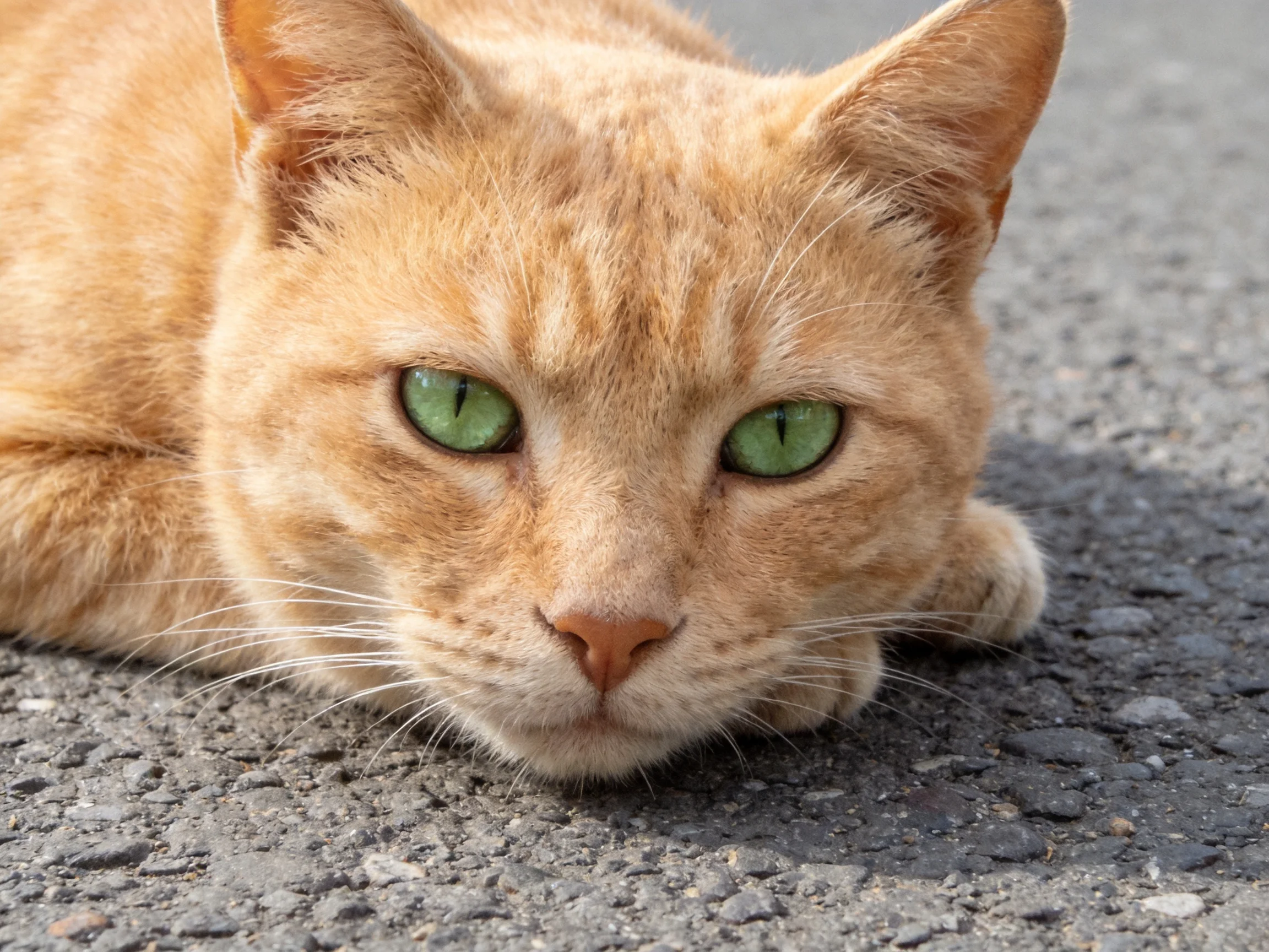 An orange tabby cat with green eyes rests on pavement.