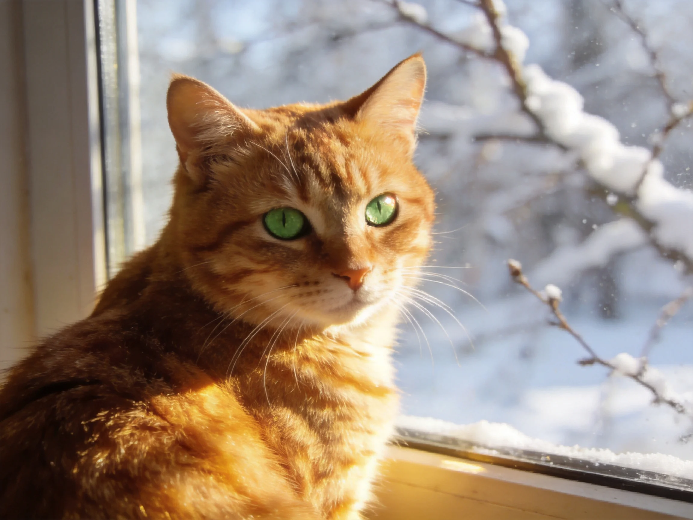 An orange tabby cat with green eyes sits by a snowy window.