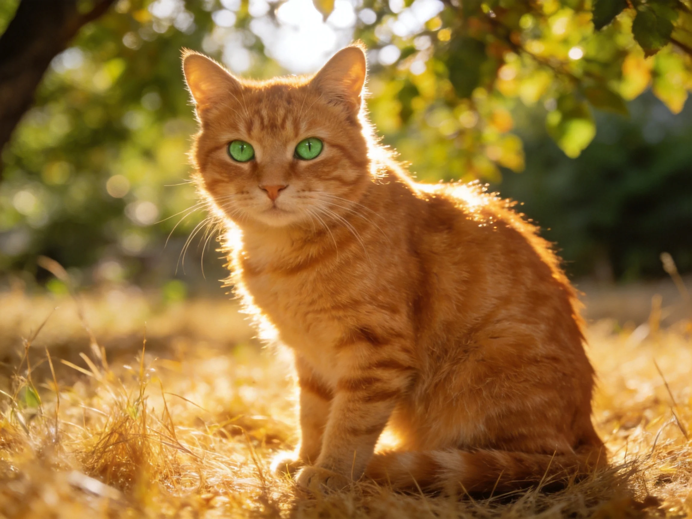 An orange tabby cat with green eyes rests on golden grass in a sunlit outdoor area.