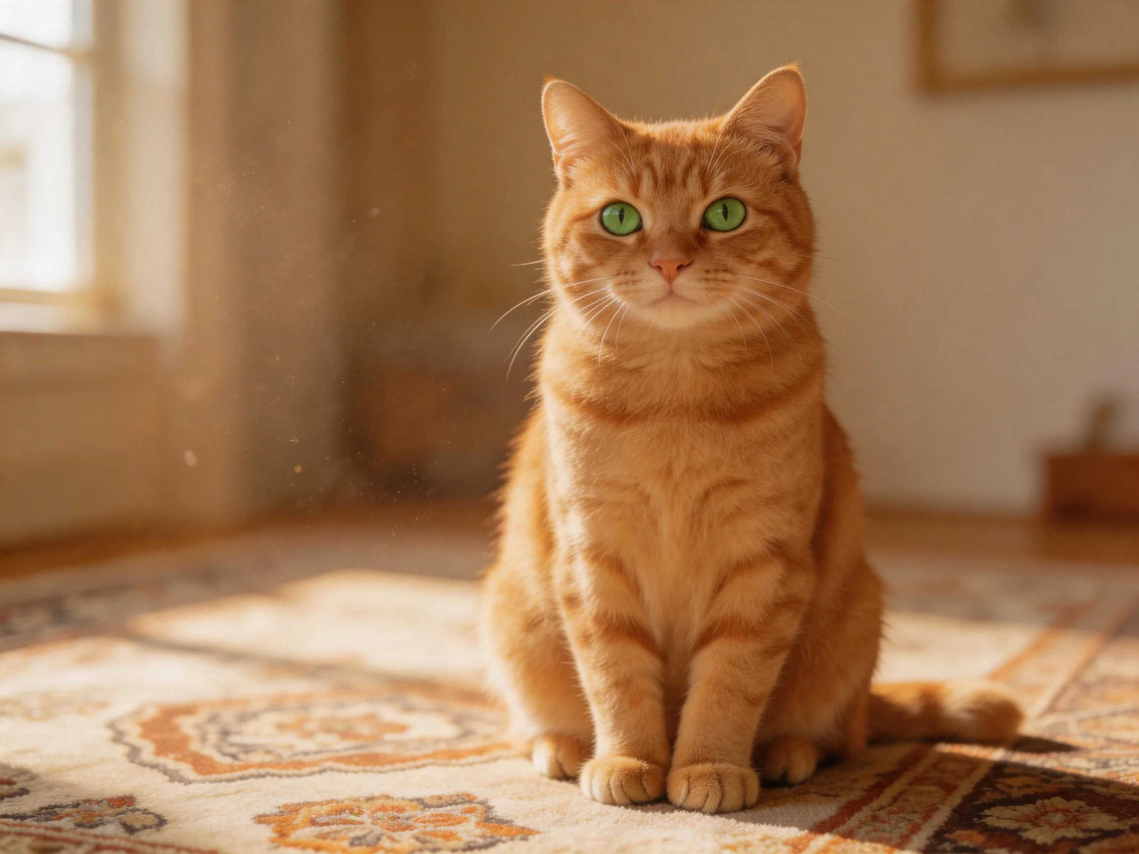 An orange tabby cat with green eyes sits on a patterned rug in a sunlit room.
