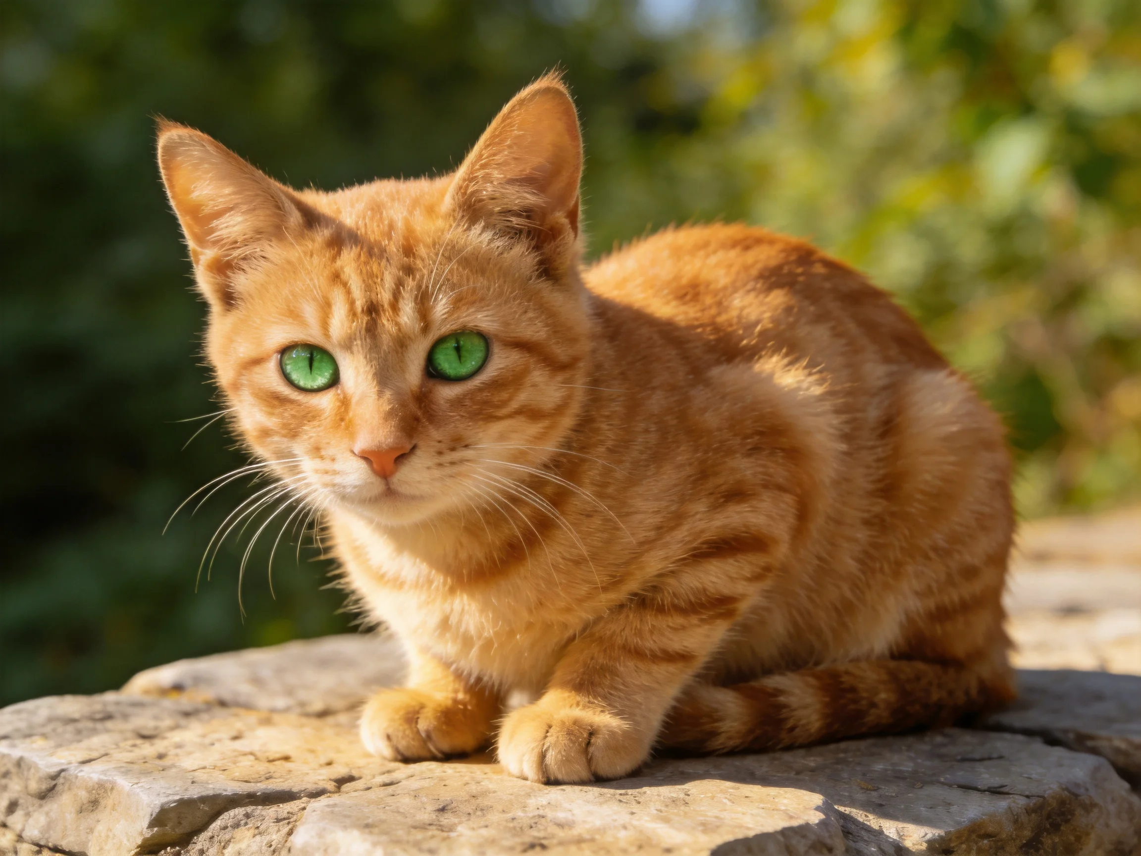 An orange tabby cat with green eyes rests on a stone ledge in an outdoor setting.