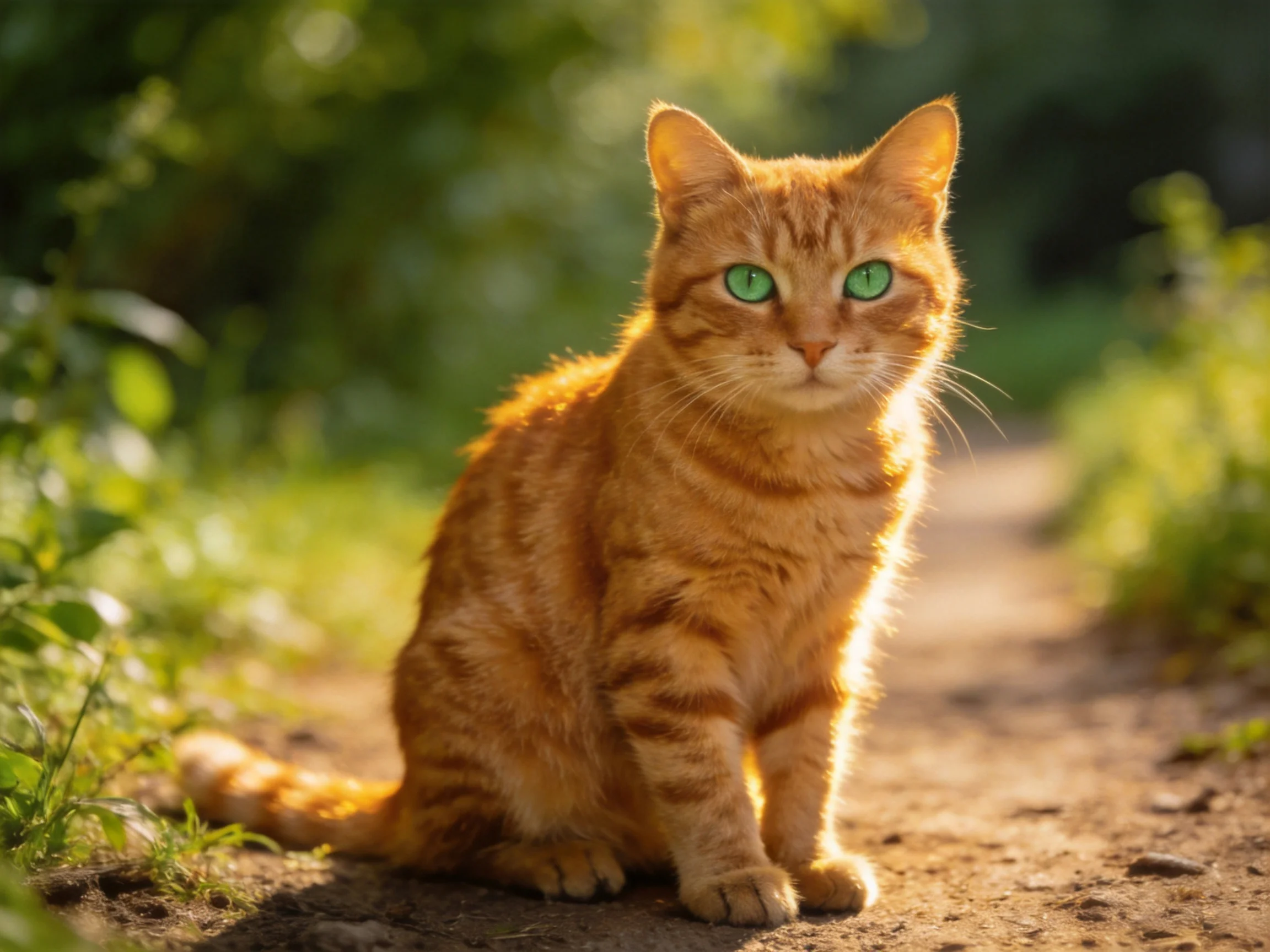 An orange tabby cat with green eyes sits calmly on a sunlit dirt path.