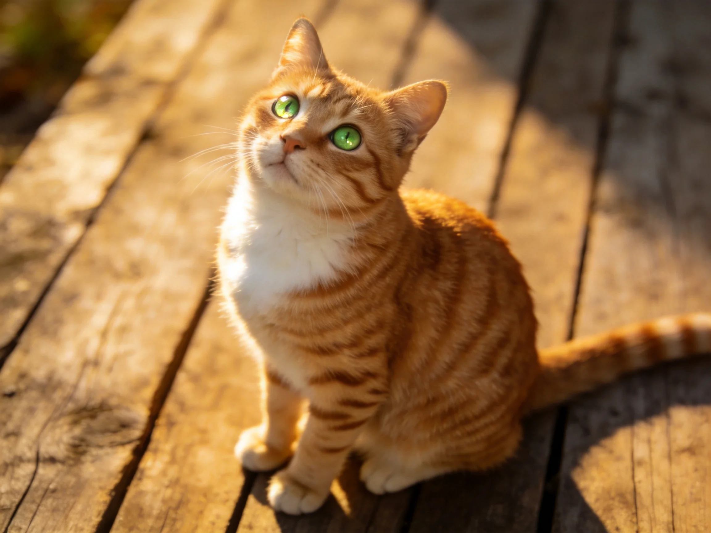 An orange tabby cat with green eyes gazes upward while sitting on wooden planks