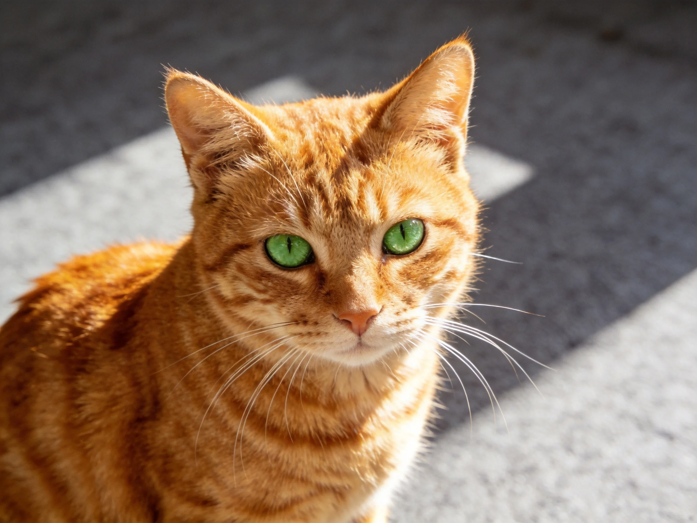 An orange tabby cat with green eyes sits on sunlit pavement.