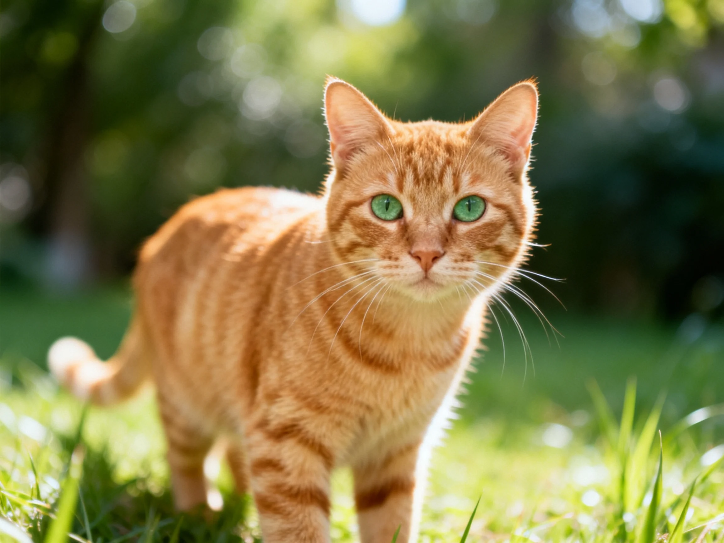 An orange tabby cat stands on grass in a sunlit outdoor environment.
