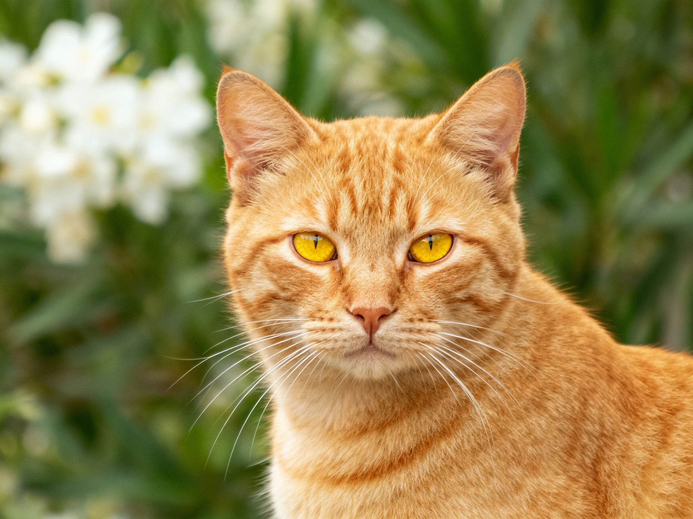 An orange tabby cat with bright yellow eyes is near white flowers.