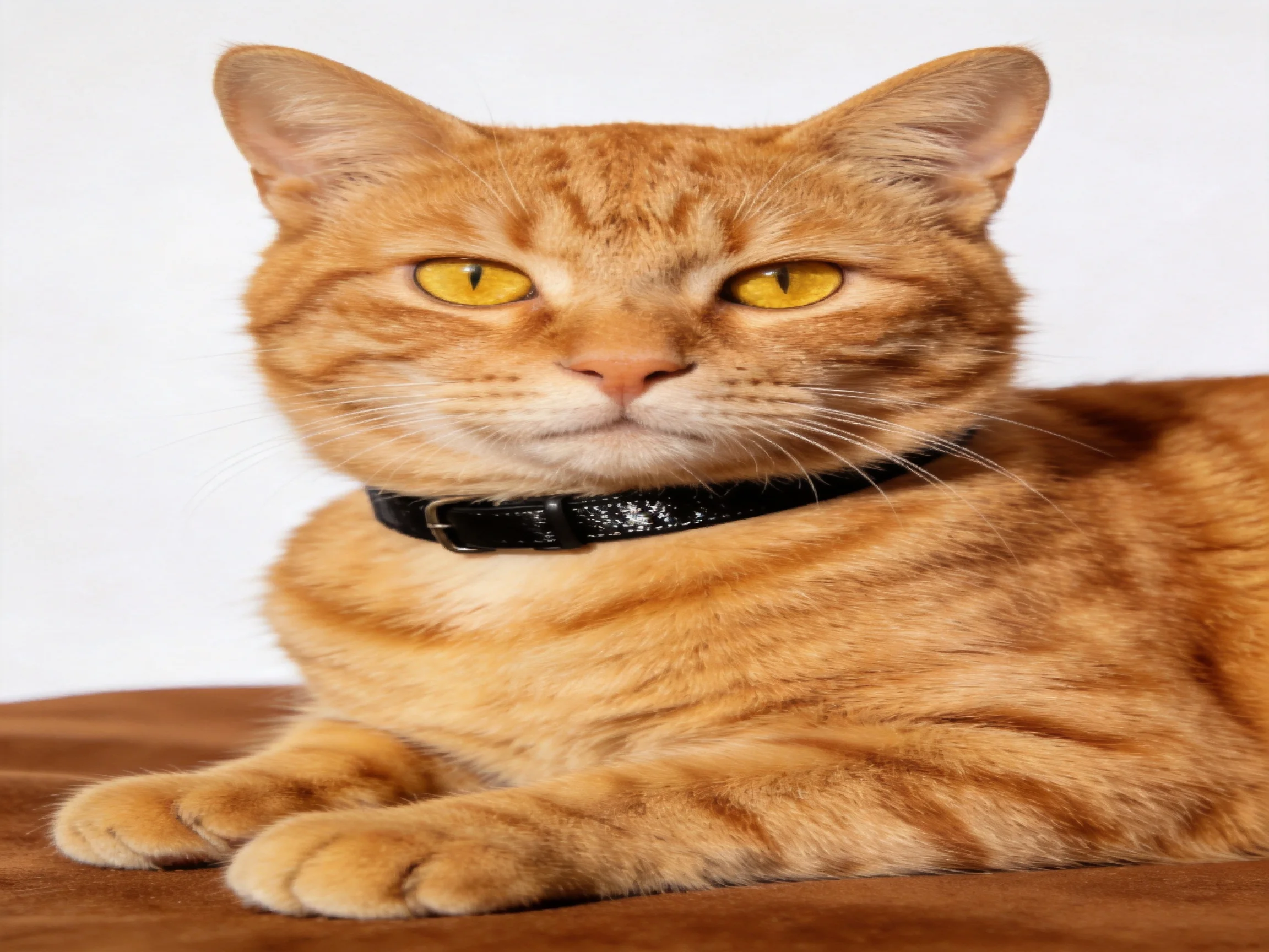 An orange tabby cat with yellow eyes lies calmly on a brown fabric surface.