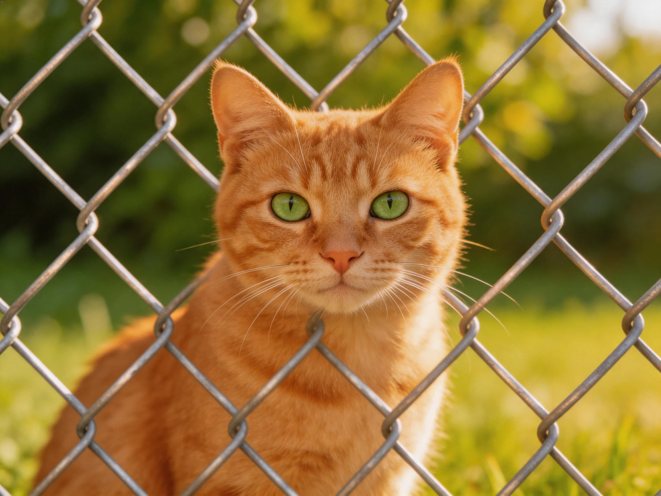 An orange tabby cat with green eyes sits beside a silver chain-link fence.