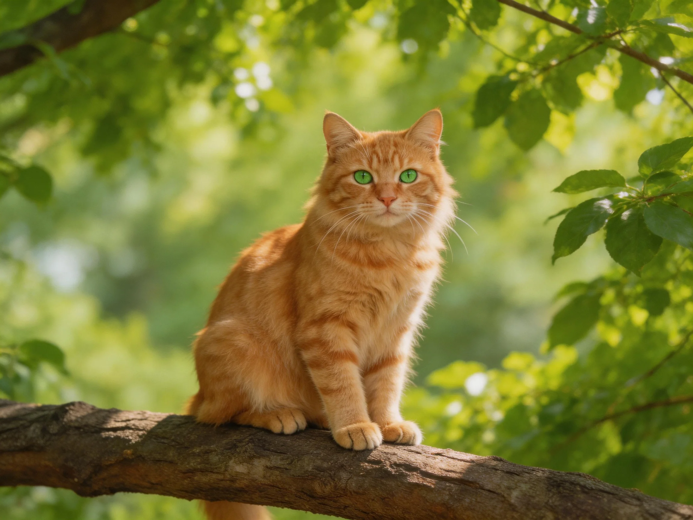 An orange tabby cat with green eyes sits on a tree branch in a sunlit, leafy environment.