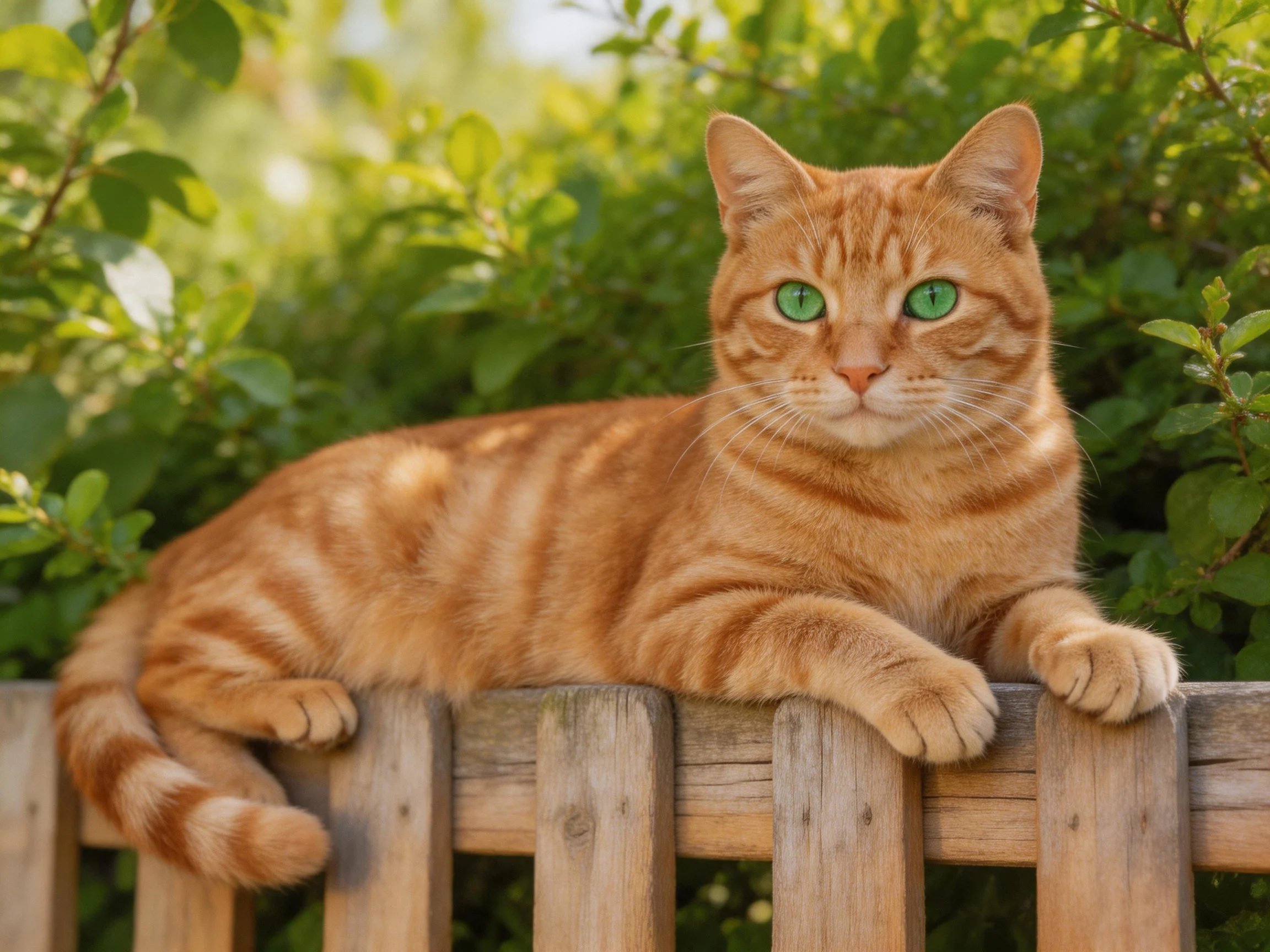 An orange tabby cat with green eyes rests on a wooden fence in a sunlit garden.