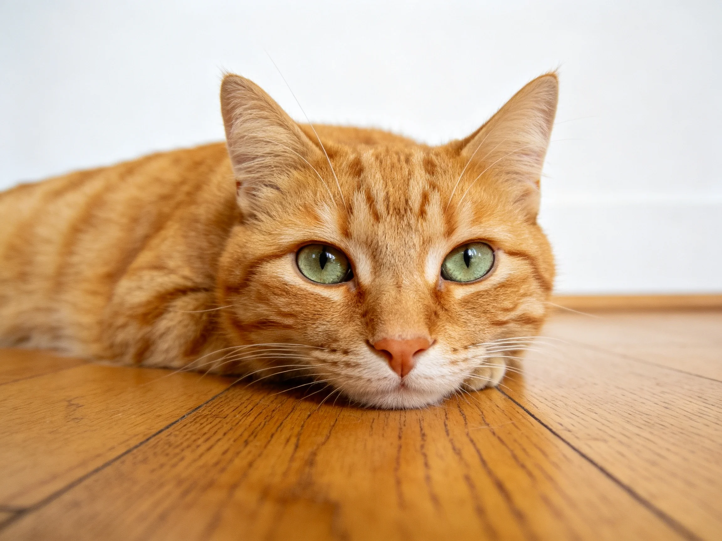 An orange tabby cat with green eyes lies on a wooden floor
