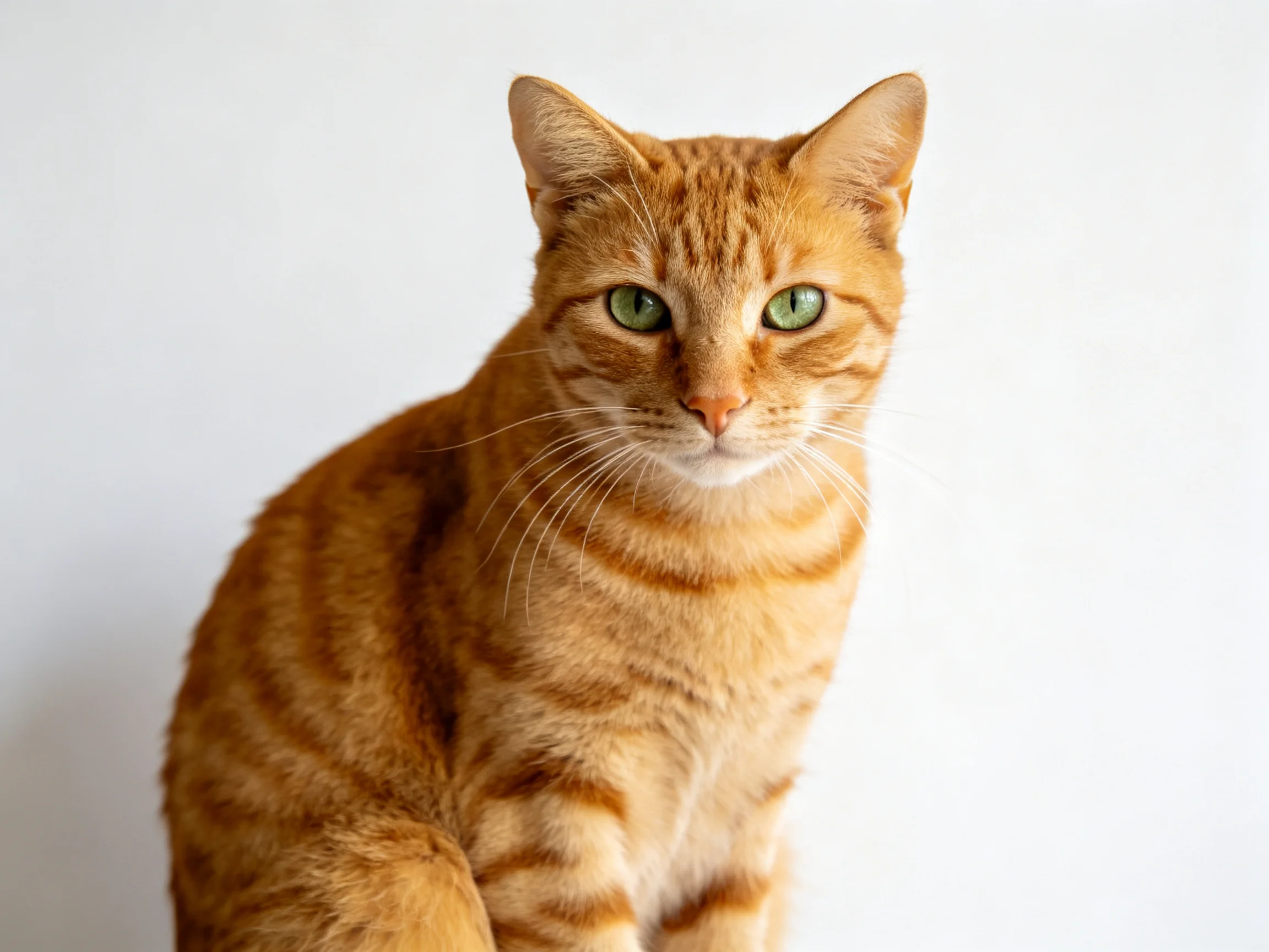 An orange tabby cat with green eyes sits calmly against a plain white background.