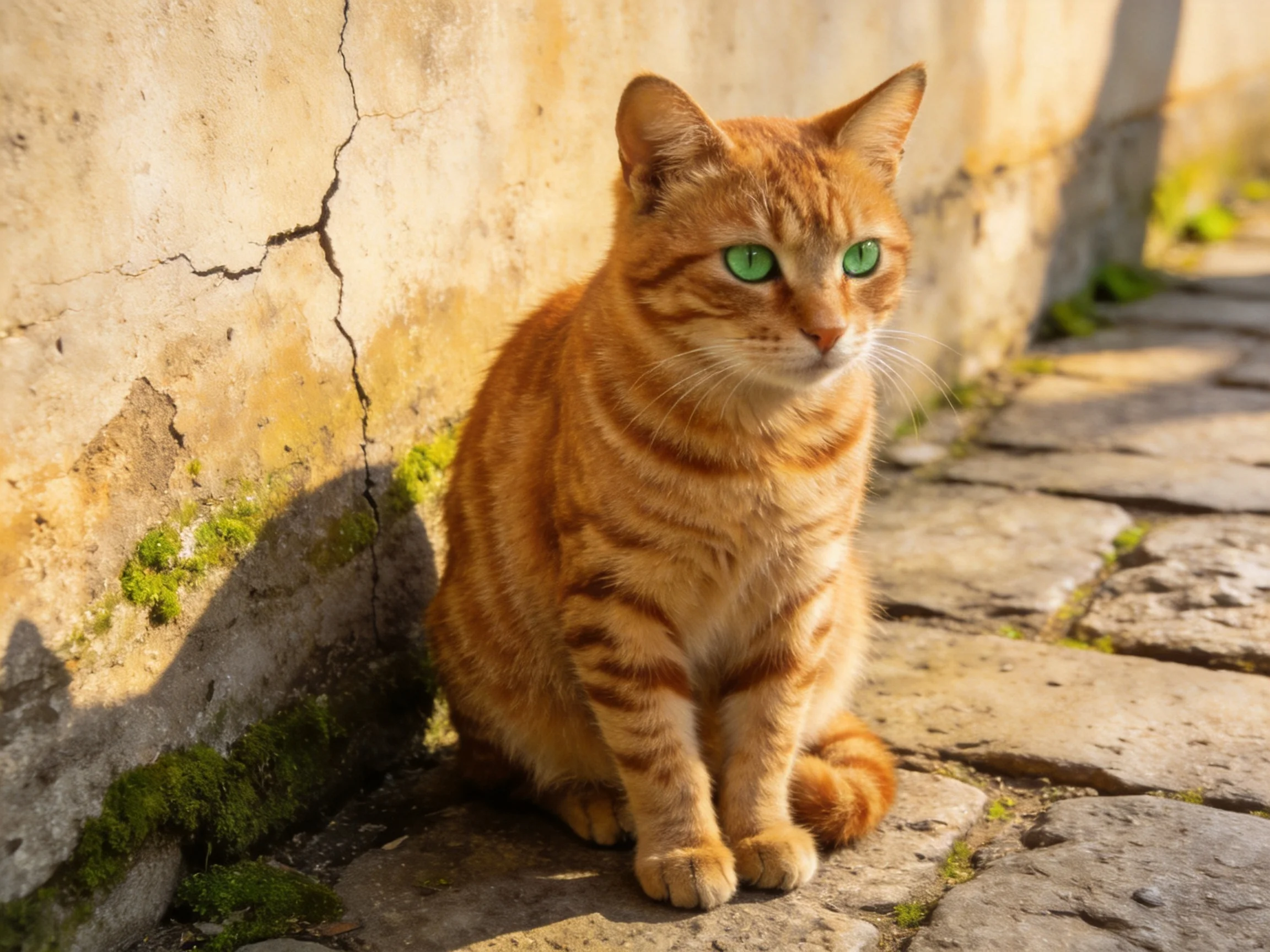 An orange tabby cat with green eyes rests near a weathered stone wall